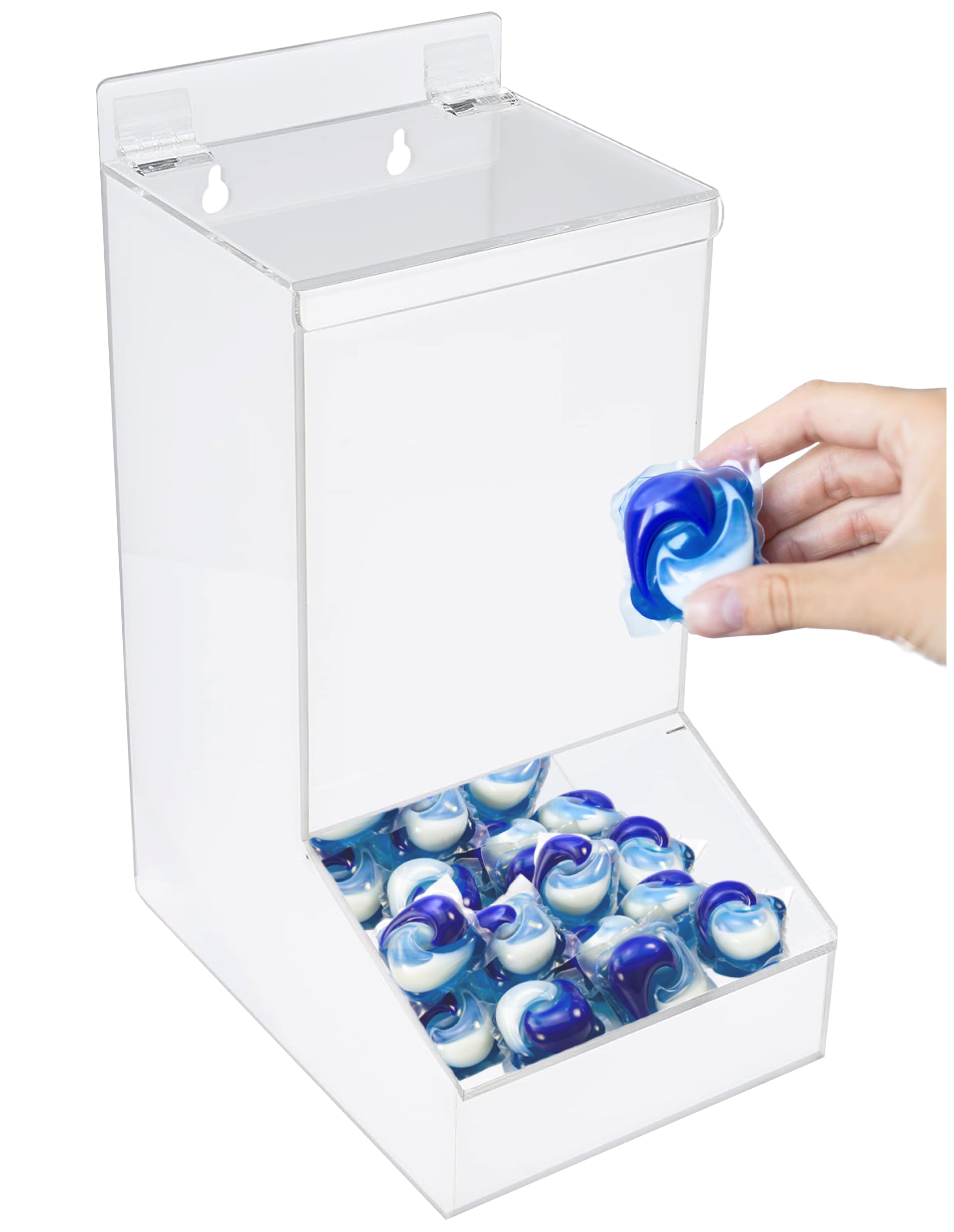 SimplyImagine Acrylic Dispenser Laundry & Dishwasher Pods Holder - Wall-Mount or Countertop Storage for Pods, Earplugs, Gloves, Hairnets, Shoe Covers, Trash Bags - Candy Dispenser