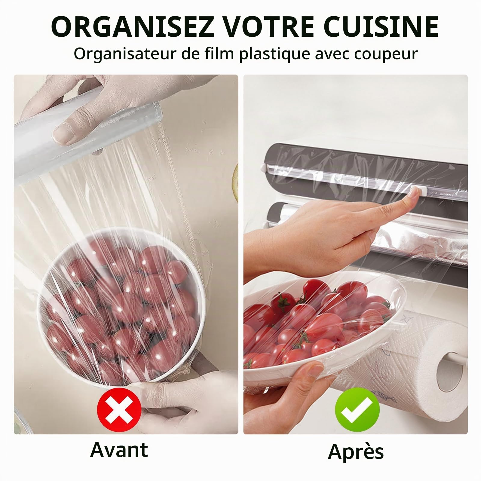 Derouleur Film Alimentaire Magnétique avec Port Essuie Tout - Support Sopalin Mural pour 3 Rouleaux - Coupeur pour Cuisine, Distributeur Papier Aluminium et Film avec Porte Sopalin, Noir