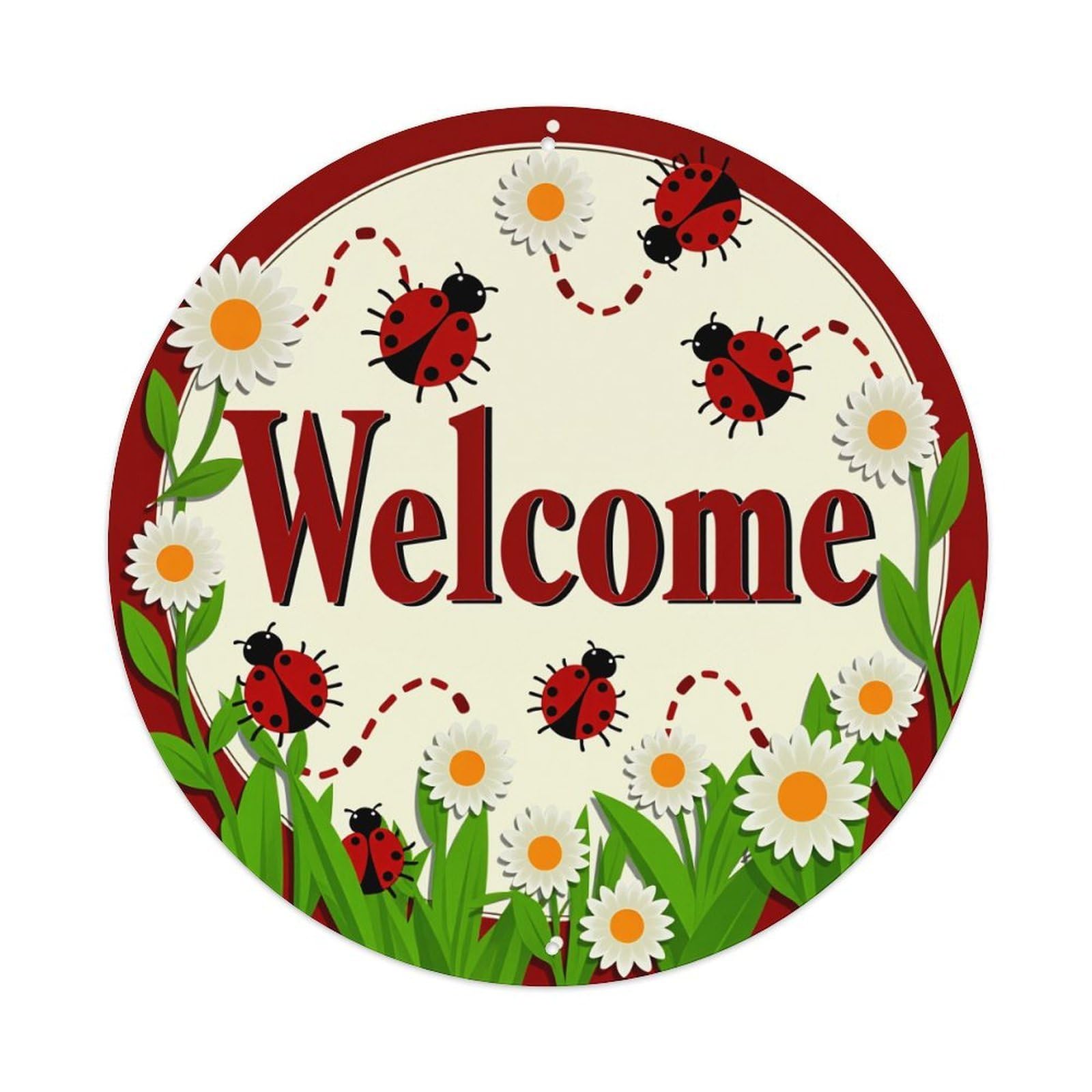 Ladybug Daisy Welcome Garden Sign Round Metal Tin Sign Vintage Wall Decor, Bar Garage Cafe Kitchen Home Wall Art Poster 8x8inches