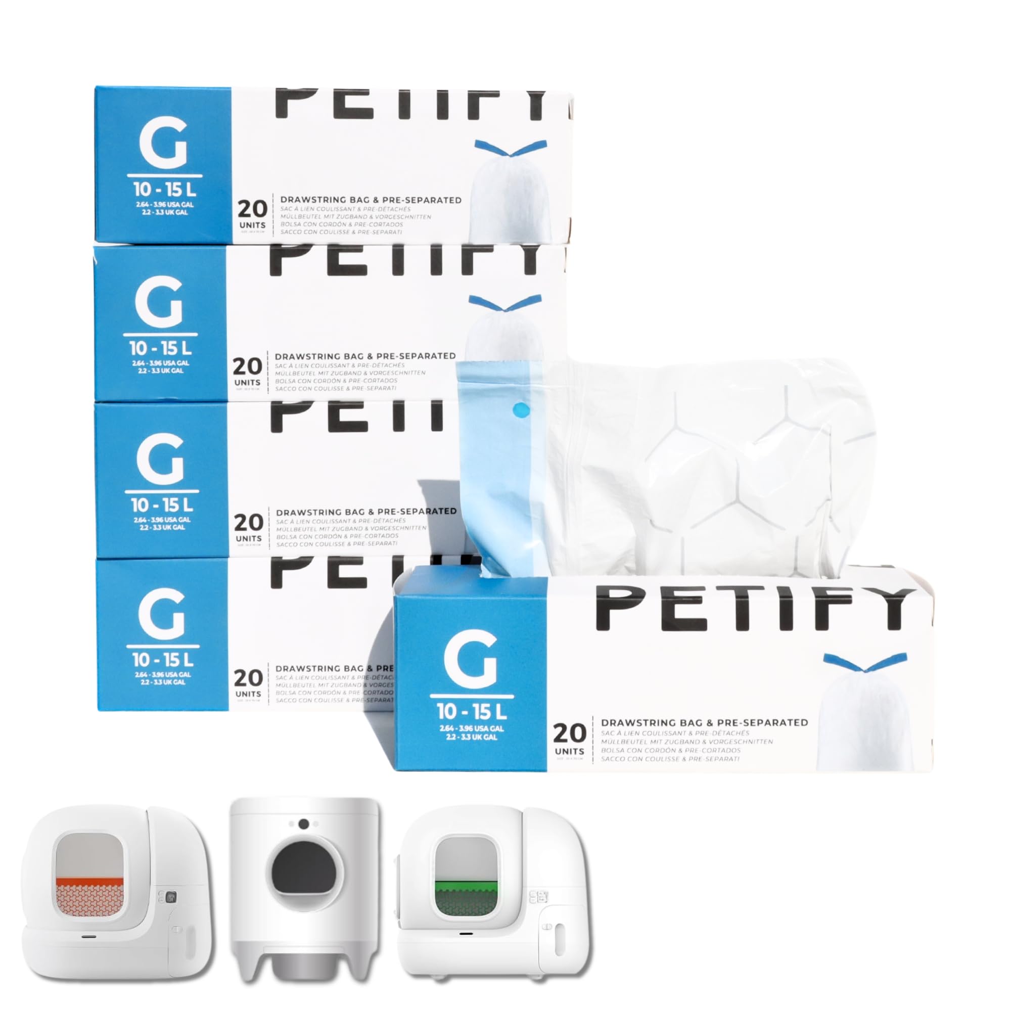 PETIFY Automatic Cat Litter Bin Bag - Compatible with Petkit Pura Max 2, Pura X - Pack of 5 Rolls (100 Pre-Separated Bags) with Drawstring Bag Code G Eco Pack with Integrated Dispenser