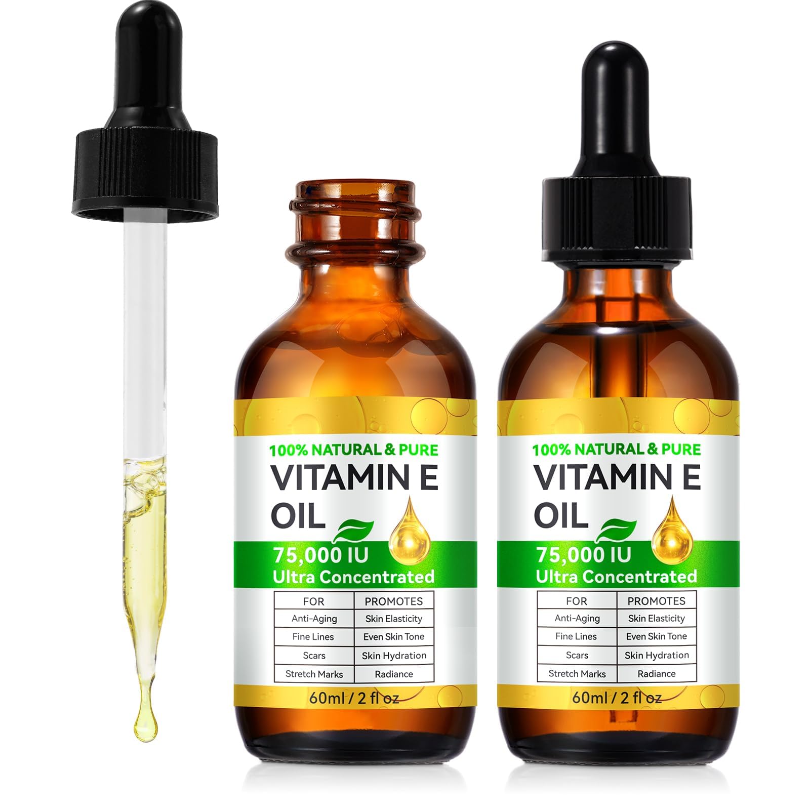 Vitamin E Oil Blend 75,000 IU, Pure Vitamin E Oil for Skin, Scars, Nails and Scalp, Face and Body Moisturizer, Hydrating Dry Skin, Reduce Stretch Marks, Fine Lines & Wrinkles, 2Fl Oz (Pack of 2)