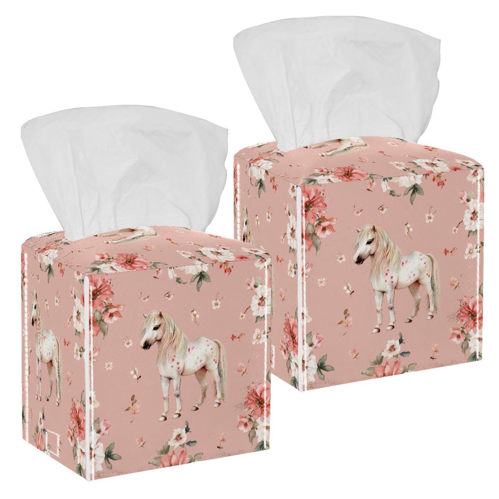 Horse Flower Tissue Box Cover, 2 Pack PU Leather Square Facial Tissue Dispenser Box holder for Home Office Car