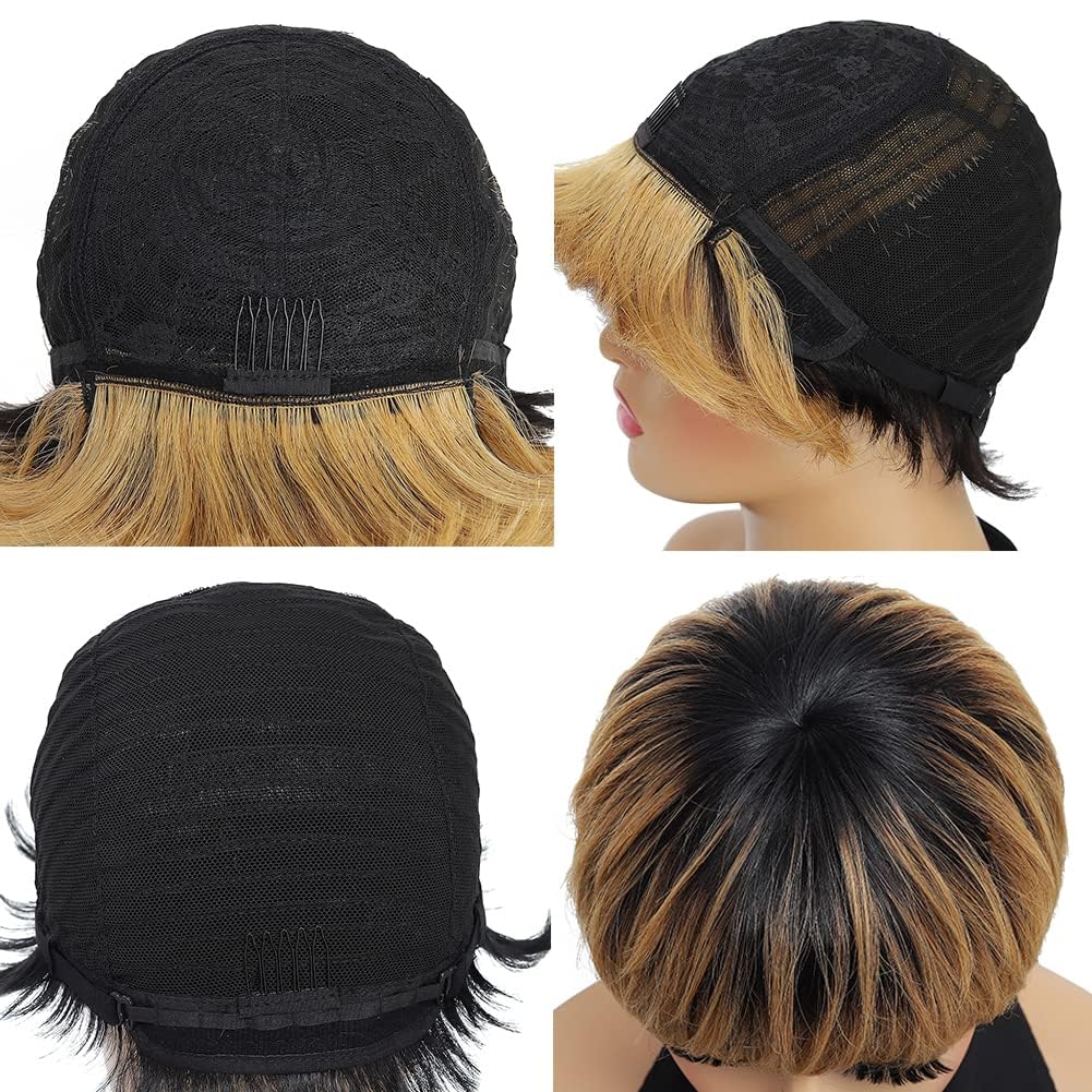 Fereowth Brown Short Human Hair Wig Pixie Cut Wigs with Bangs Short Straight Hair Wigs for Women 1B/30 Color - Image 4
