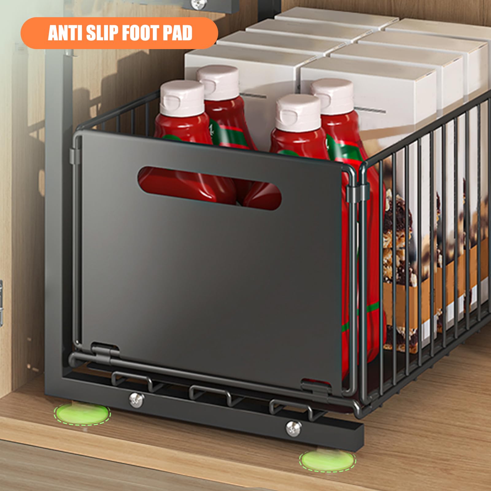Supfine - Organizador bajo fregadero de 2 niveles con cajones deslizantes, acero al carbono, altura ajustable, almacenamiento bajo fregadero, para cocina, oficina, baño (2, negro)