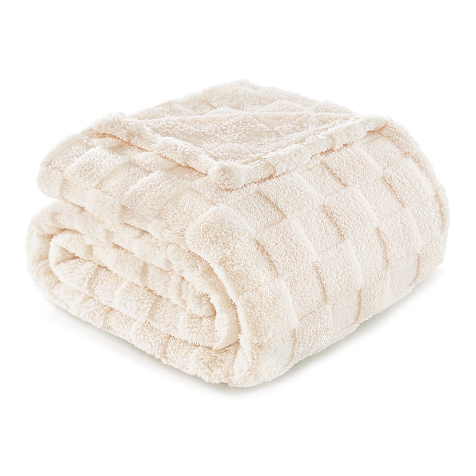 Fleece Throw Blanket for Couch,Super Soft and Warm Lightweight Checkered Pattern Blankets for All Seasons, 127x152 CM, Ivory