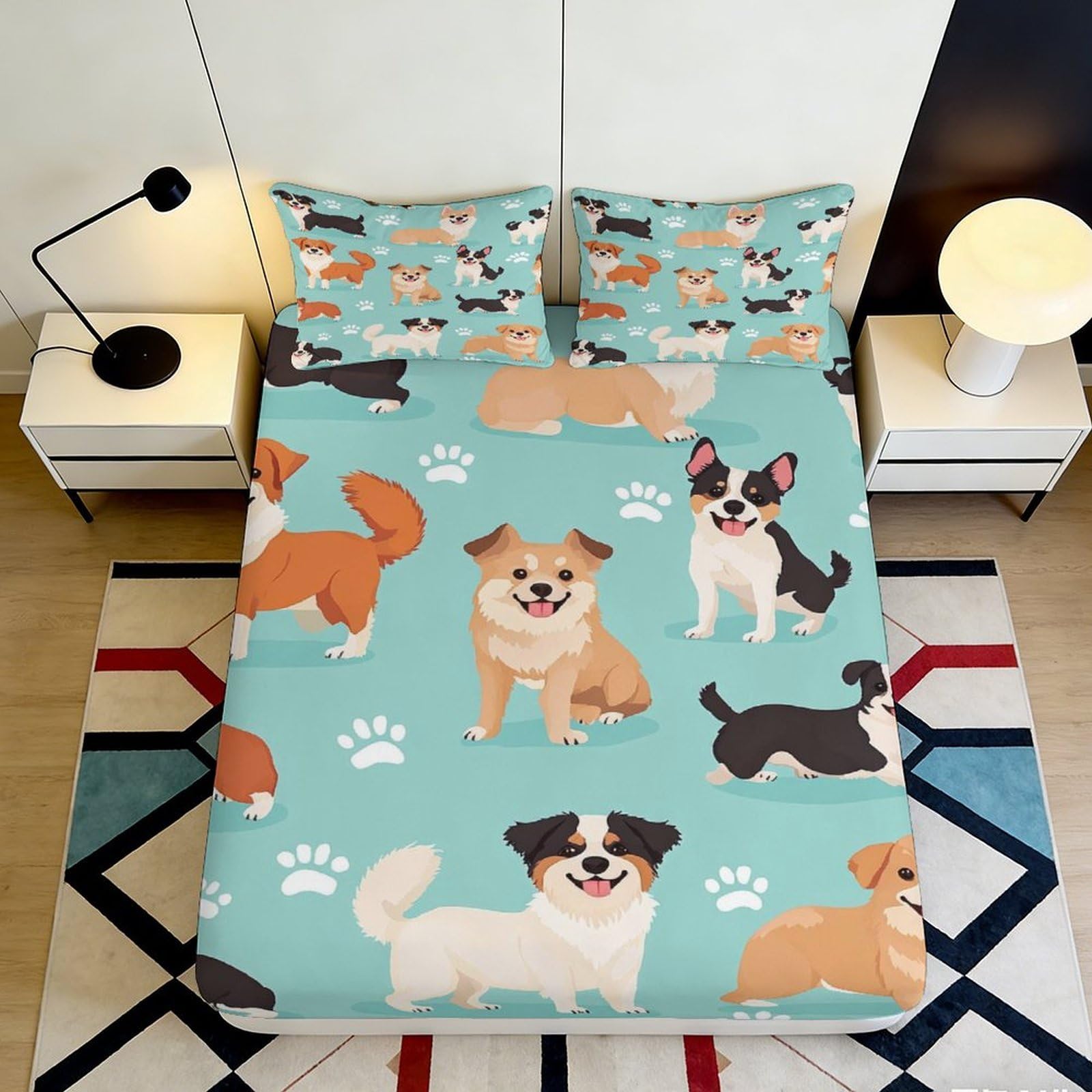 Pnayamiorkfel Style-9 3D Printed Cartoon Dog Fitted Sheet Microfiber Soft Breathable Paw Pattern Bed Cover For Bedroom Guest Room Decor 90X200x25cm