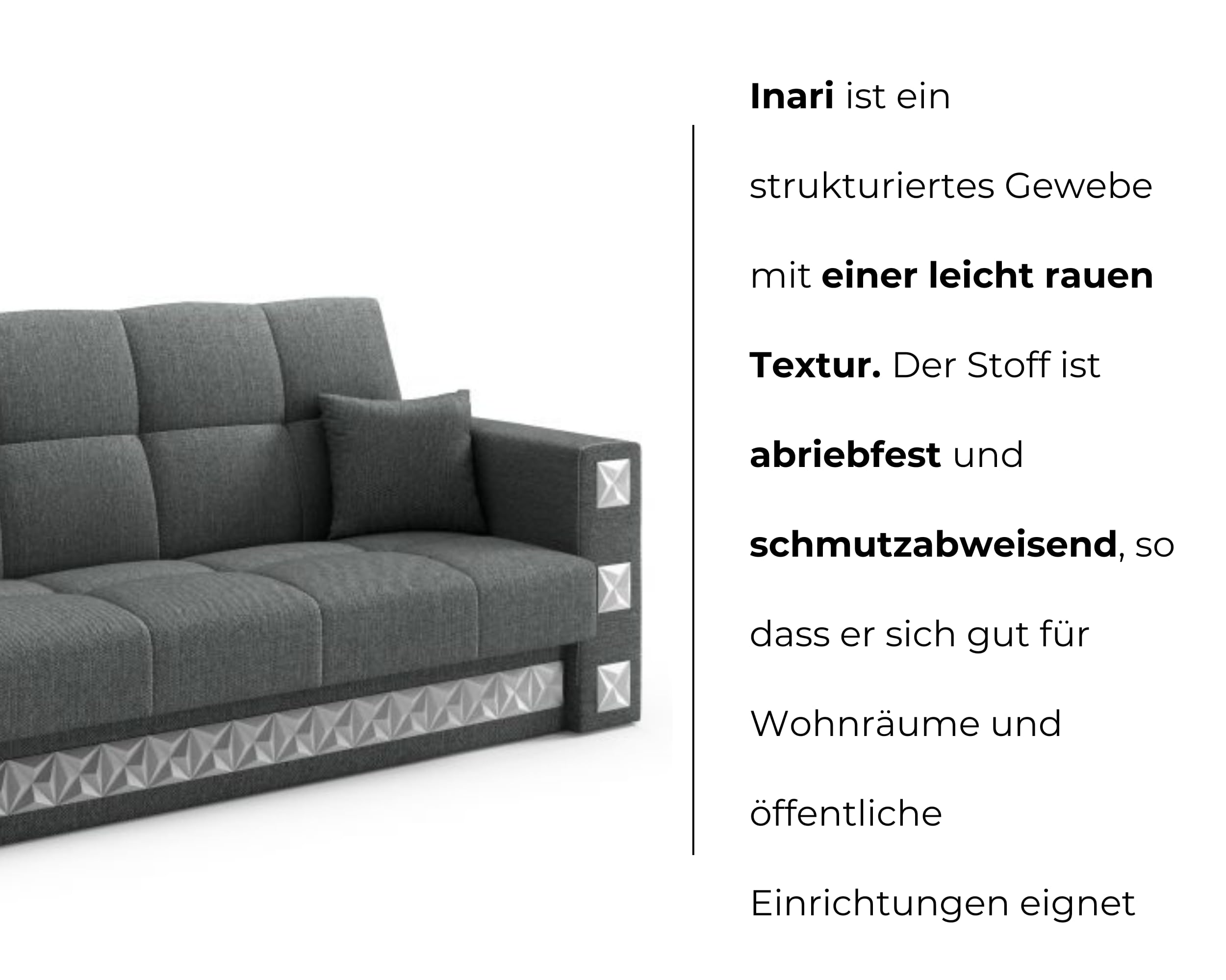 LIKMA Rozkładana Wersalka Manila Szaro/Czarna 221x91x85 cm z Funkcją Spania, Pojemnikiem na Pościel, 2 Poduszki; Sofa w Tkaninie Inari 91+100