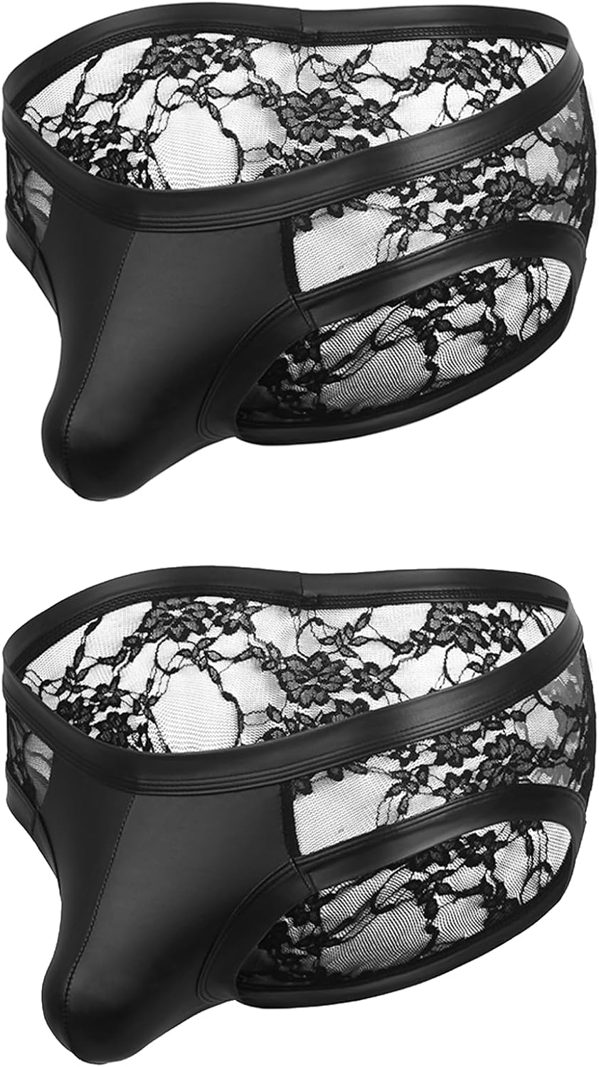 Mens Lace Sexy Low Rise Thong G-String Underwear Faux Leather Pouch Trunks Soft Jockstrap Panties Briefs