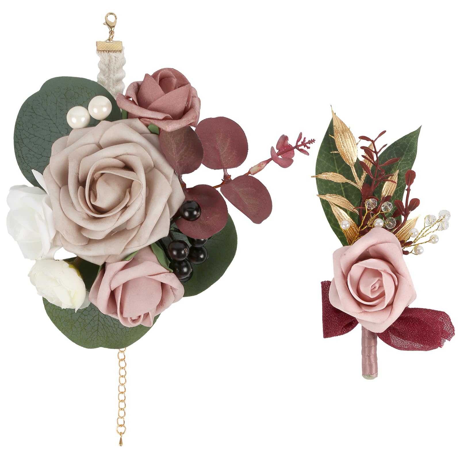 Muiltvoe 2Pcs Wedding Corsage and Boutonniere Set Burgundy Rose Corsage Wristlet and Boutonniere for Men Women Groom Bride Bridesmaid Groomsmen Wedding Party Accessory Prom Decoration (Burgundy)