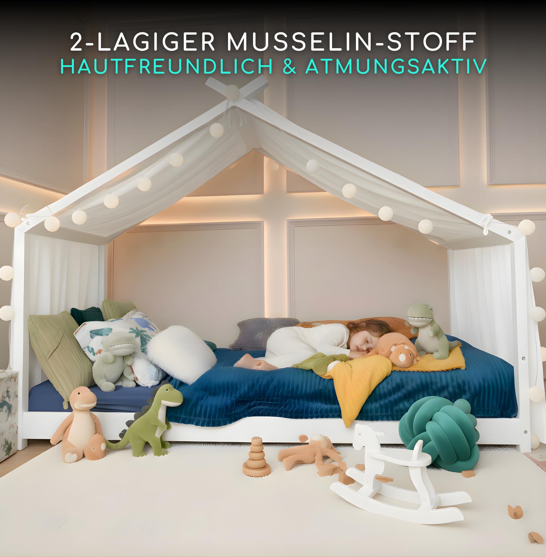 ALAVYA HOME® Velo da letto a forma di casa Moon 110x360 cm in mussola di cotone 100% – Decorazione per camera dei bambini, zanzariera, tenda da letto, decorazione per ragazze e ragazzi – Bianco