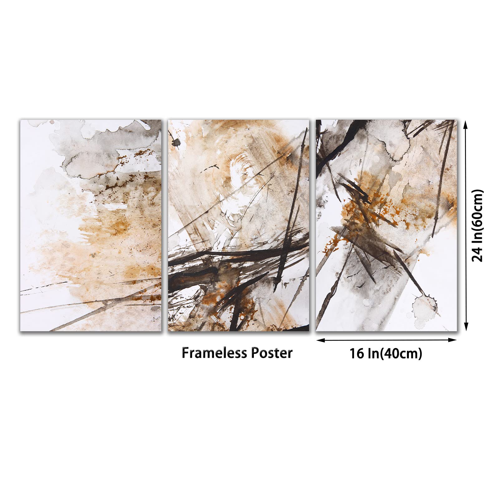 BACKYMRJCART Abstract Brown Wall Art - 16x24inch Frameless Canvas Prints - Grey Brown Beige Watercolor Art - Set of 3 - Perfect for Bedroom Decor, Living Room, Kitchen, Office