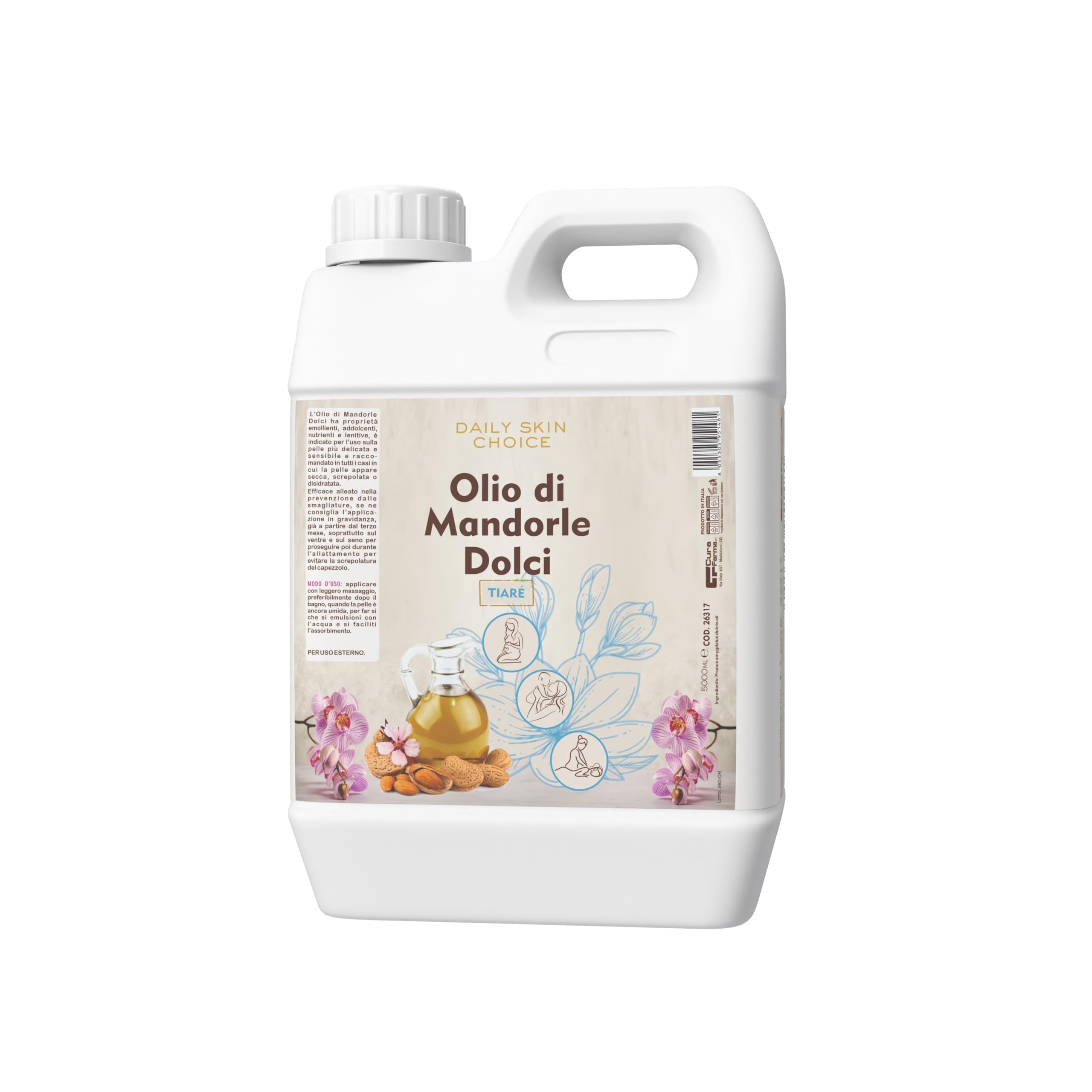 Süßmandelöl mit Tiaré-Duft, 5 l, beruhigendes und pflegendes Körperöl für Massage, nach der Dusche und nach dem Wachsen – Professionelle Größe