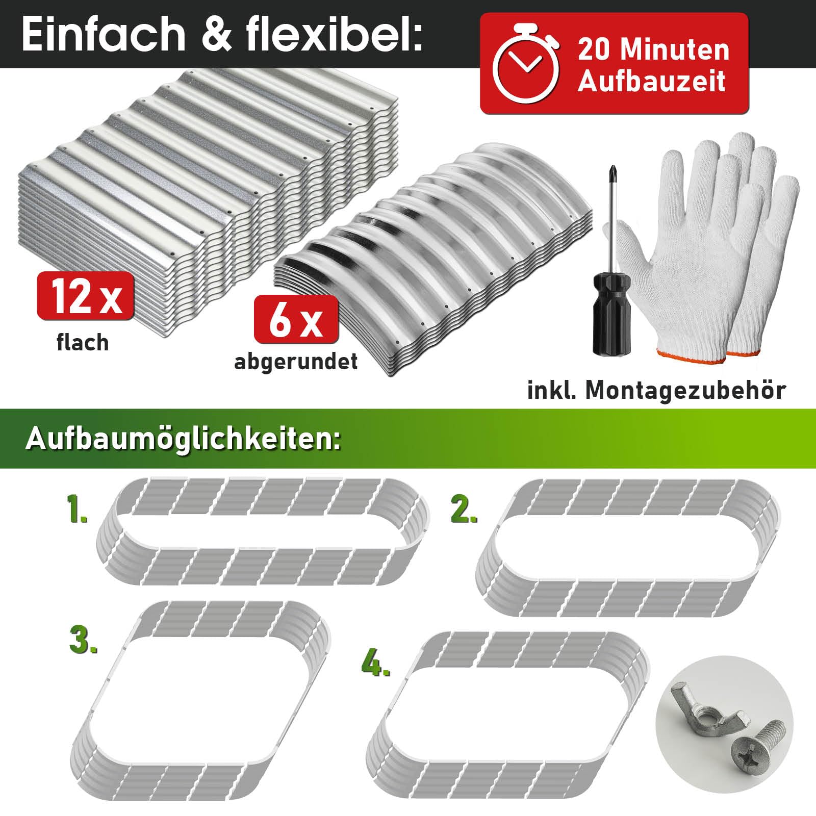BRAST Hochbeet Metall Julia | 160x80x80-400x80x80cm | viele Modelle | extra viel Zubehör | Stahl rostfrei & verzinkt | wetterfest ovale Form | für Gemüse Obst Kräuter & Blumen | 320x80x80cm Silber