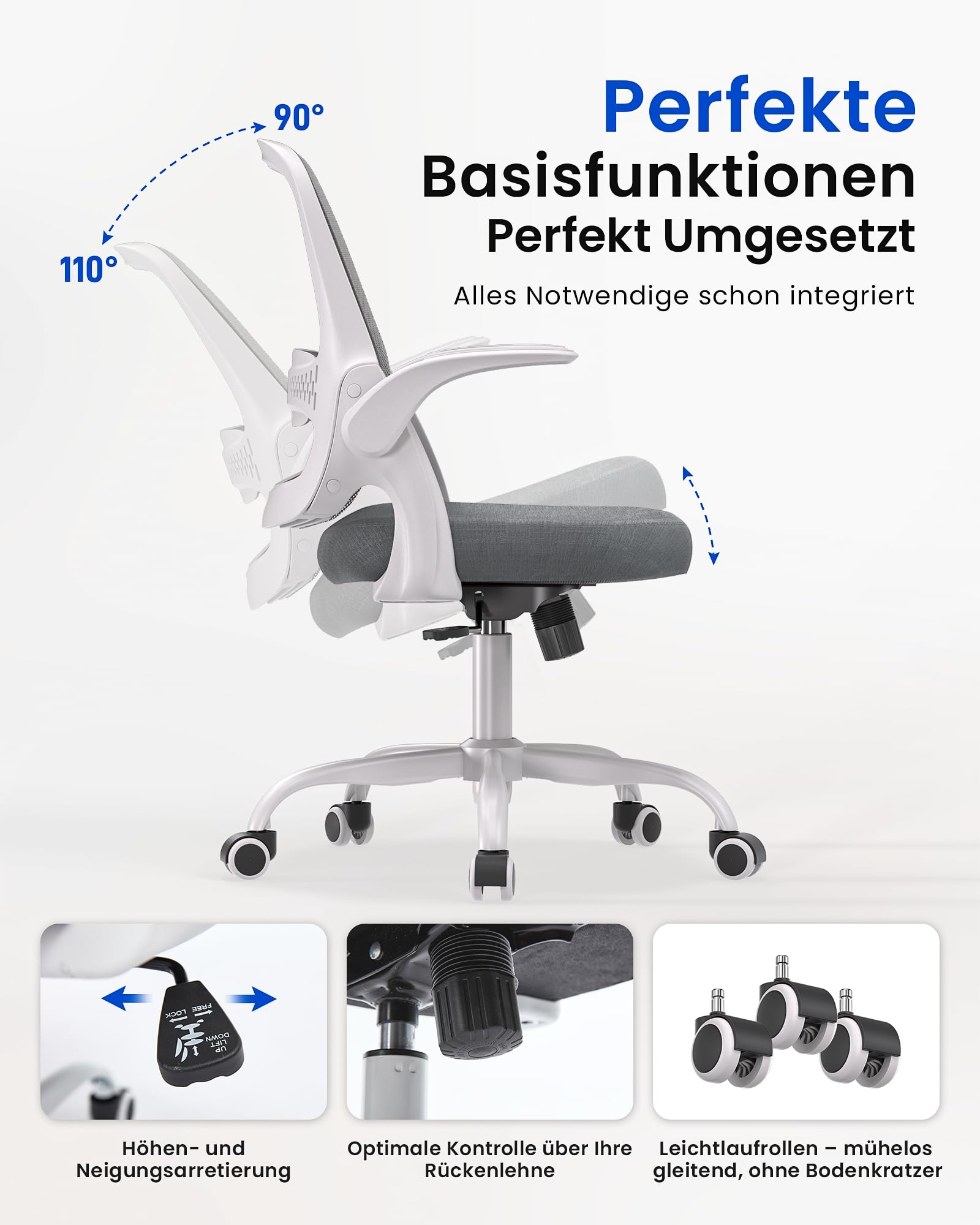 LukkDys Bürostuhl Ergonomisch, Schreibtischstuhl mit klappbaren Armlehnen, Mesh Computerstuhl höhenverstellbar, Drehstuhl für Home Office, Kinder & Studenten, Büro Sessel, Grau