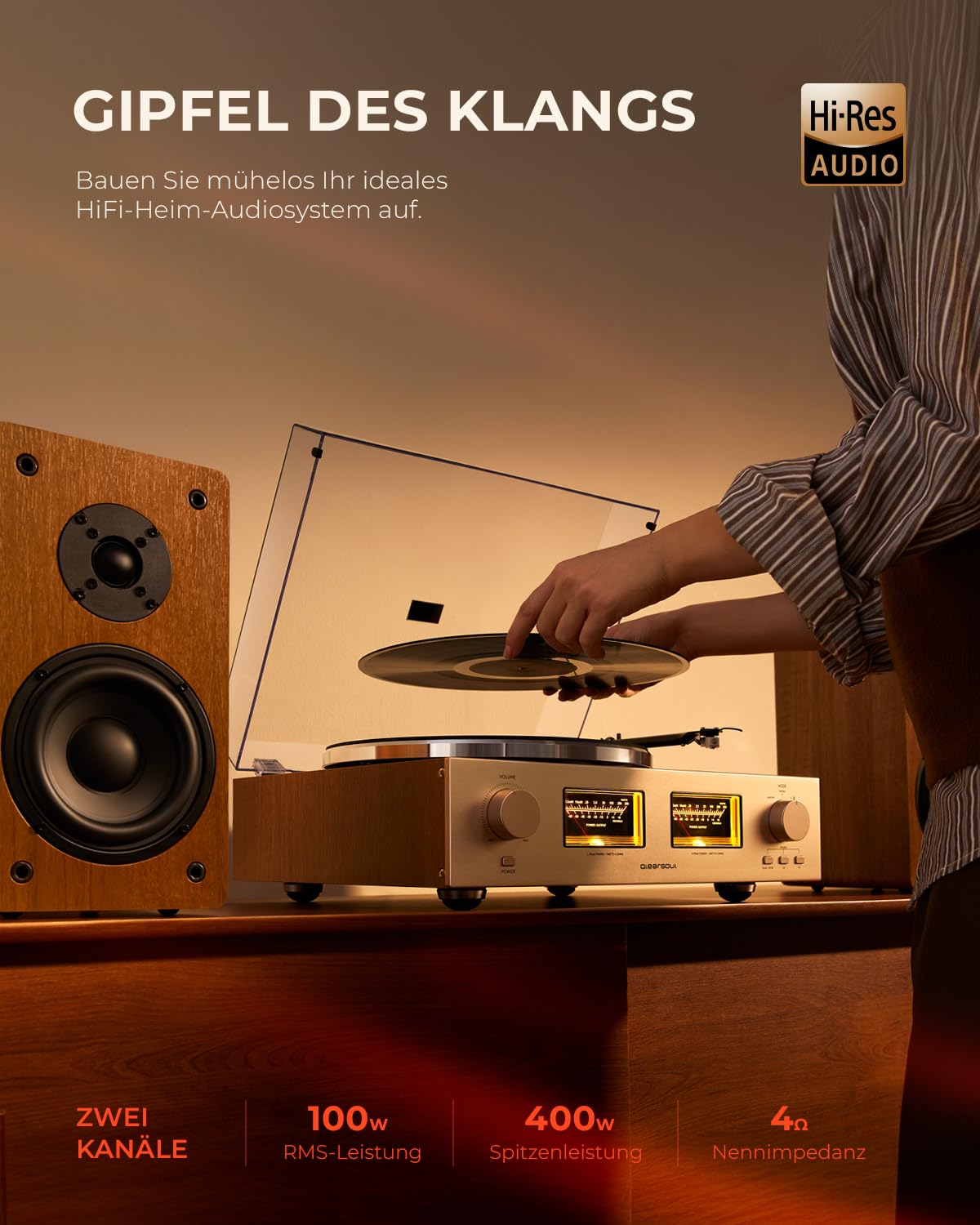 Qlearsoul HiFire X Plattenspieler mit Lautsprechern, Audiophiles HiFi-Turntable-System mit 100W-Regallautsprechern, VU-Meter, DSP-Vorverstärker, 33/45 RPM, RCA LINE IN/Out