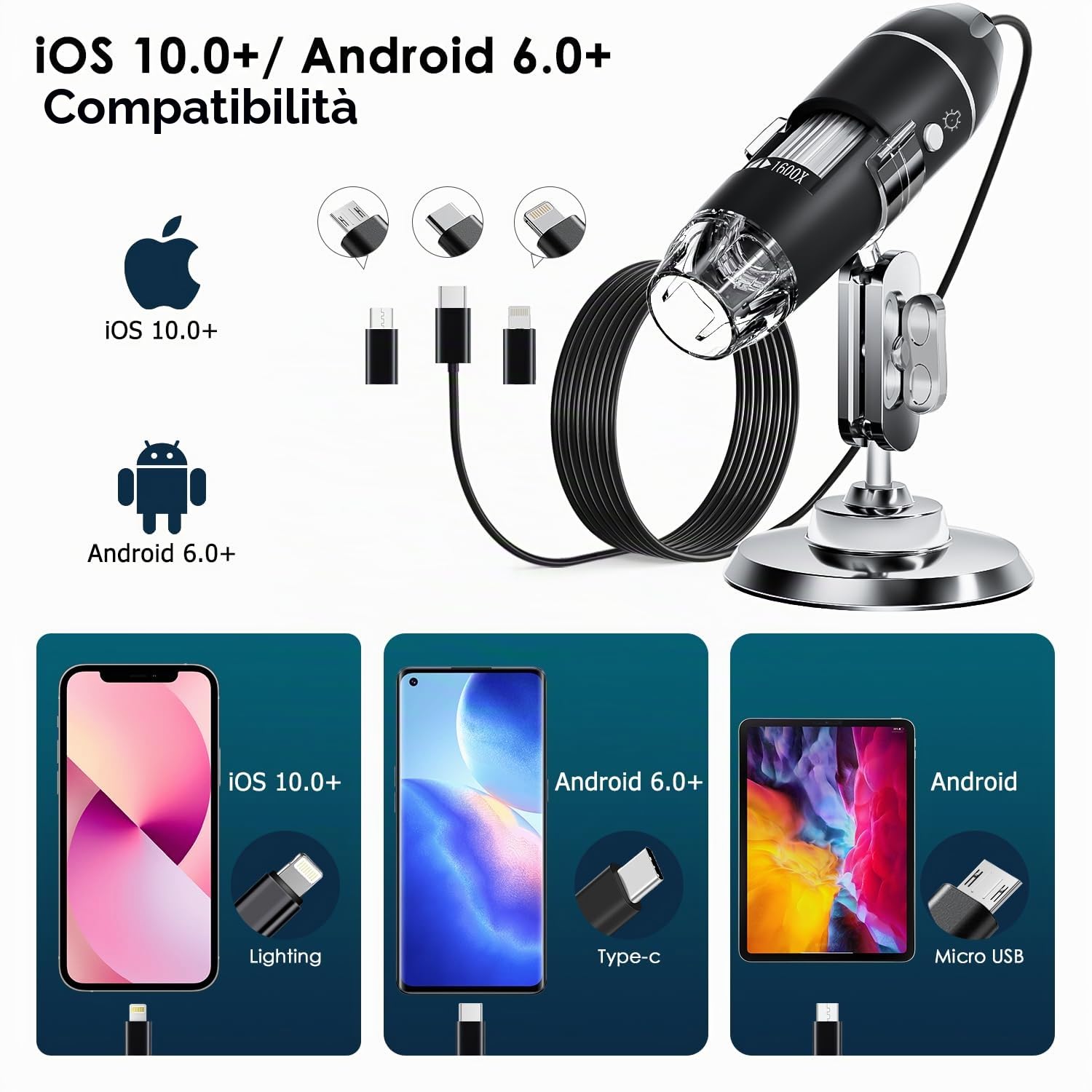 Fotocamera per microscopio digitale USB, fotocamera per ispezione HD portatile SKYBASIC, ingrandimento 50x-1600x, con supporto regolabile, 8 luci LED, compatibile con dispositivi iOS e Android