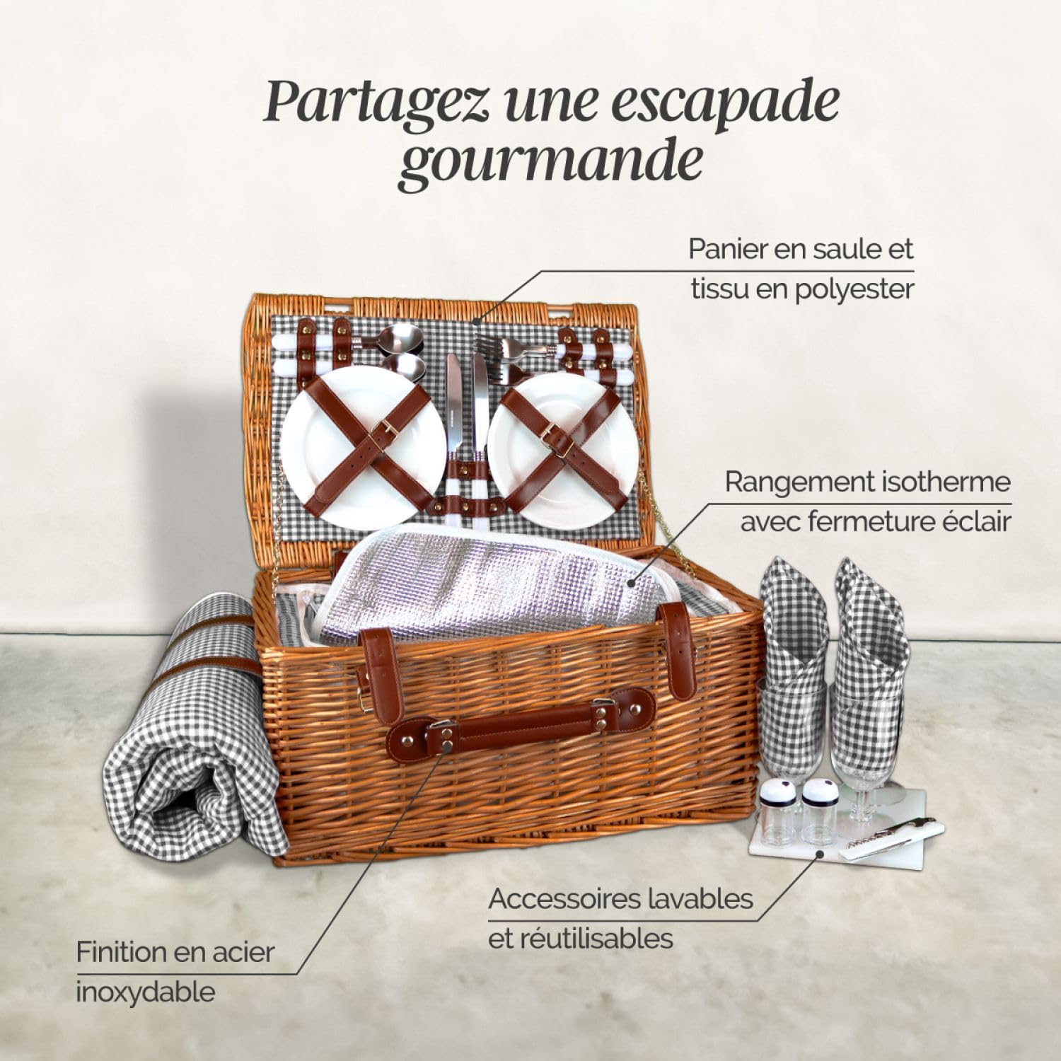 Linxor - Panier de Pique-Nique Isotherme avec Nappe et Accessoires - 4 Personnes - Plusieurs Coloris
