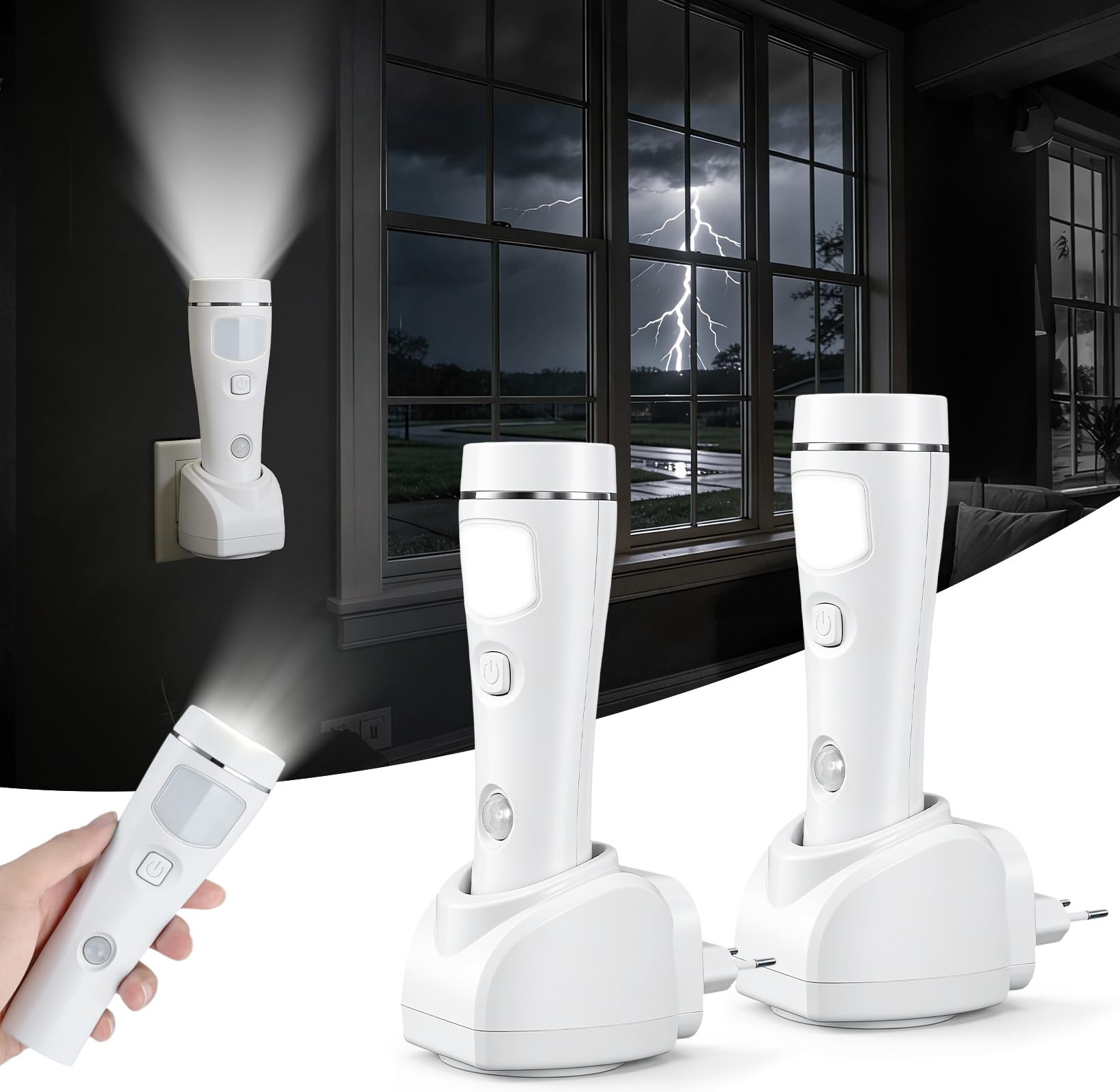 4-in-1 LED Wiederaufladbare Steckdosen-Taschenlampen, 2er-Pack LED Notlichter für Stromausfall im Haushalt, Steckdosen-Notfallleuchte, Stromausfall-Lampe mit Bewegungssensor
