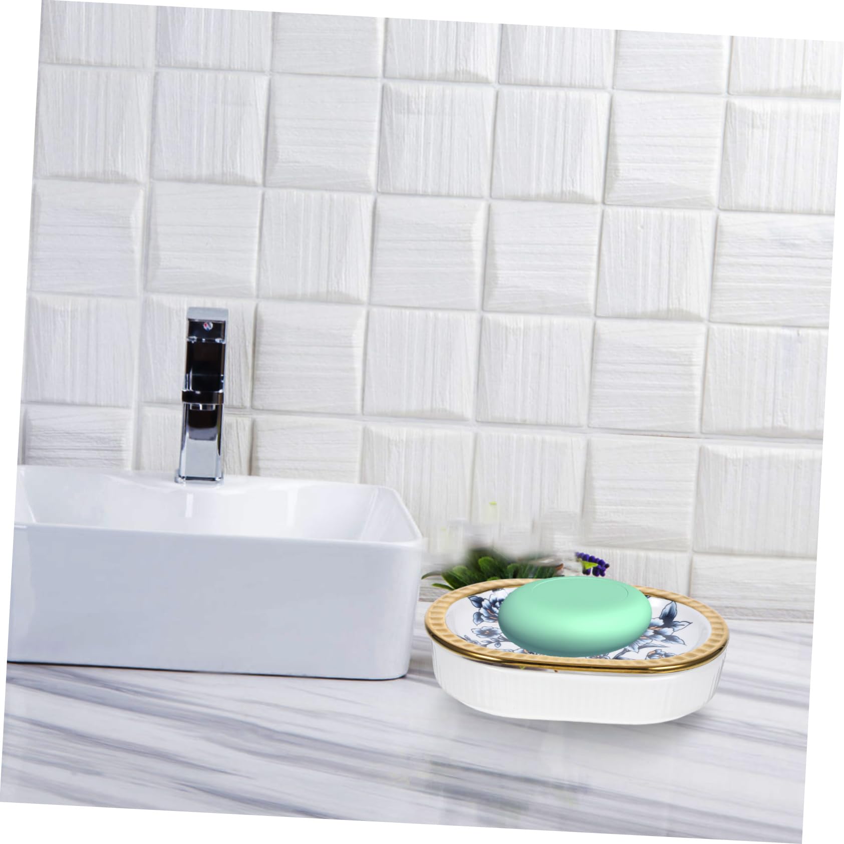 WOONEKY Jabonera de Cerámica Borde Dorado Diseño Simple y Elegante Doble Capa y Drenaje Rápido, Adecuado para Baño y Ducha