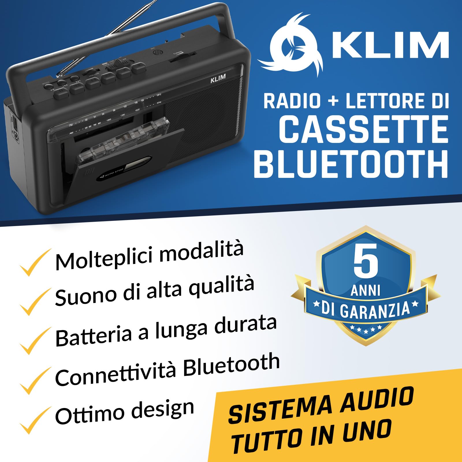 KLIM Lettore Cassette Audio Boombox Radio AM/FM Bluetooth Registratore a Cassette USB Altoparlante Portatile Retrò Nero