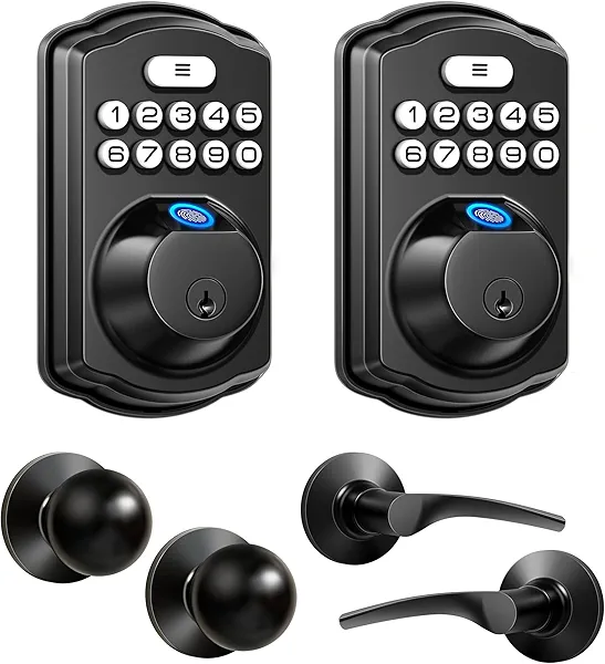Veise Fingerprint Door Lock with 2 Door Knobs and Veise Fingerprint Door Lock with 2 Door Levers - Black