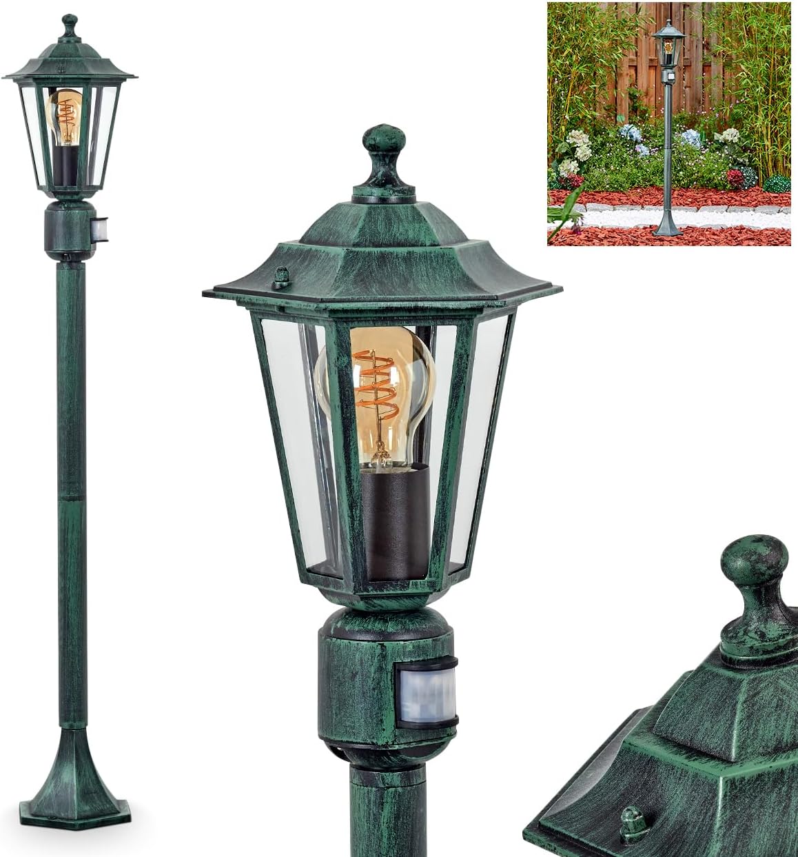 HOFSTEIN Loria Outdoor Floor Lamp with Motion Sensor Outdoor Path Light Made of Metal/Glass in Black/Green/Clear Path Light in Antique/Country/Vintage Design for Garden Outdoor Yard 107 cm E27 IP44