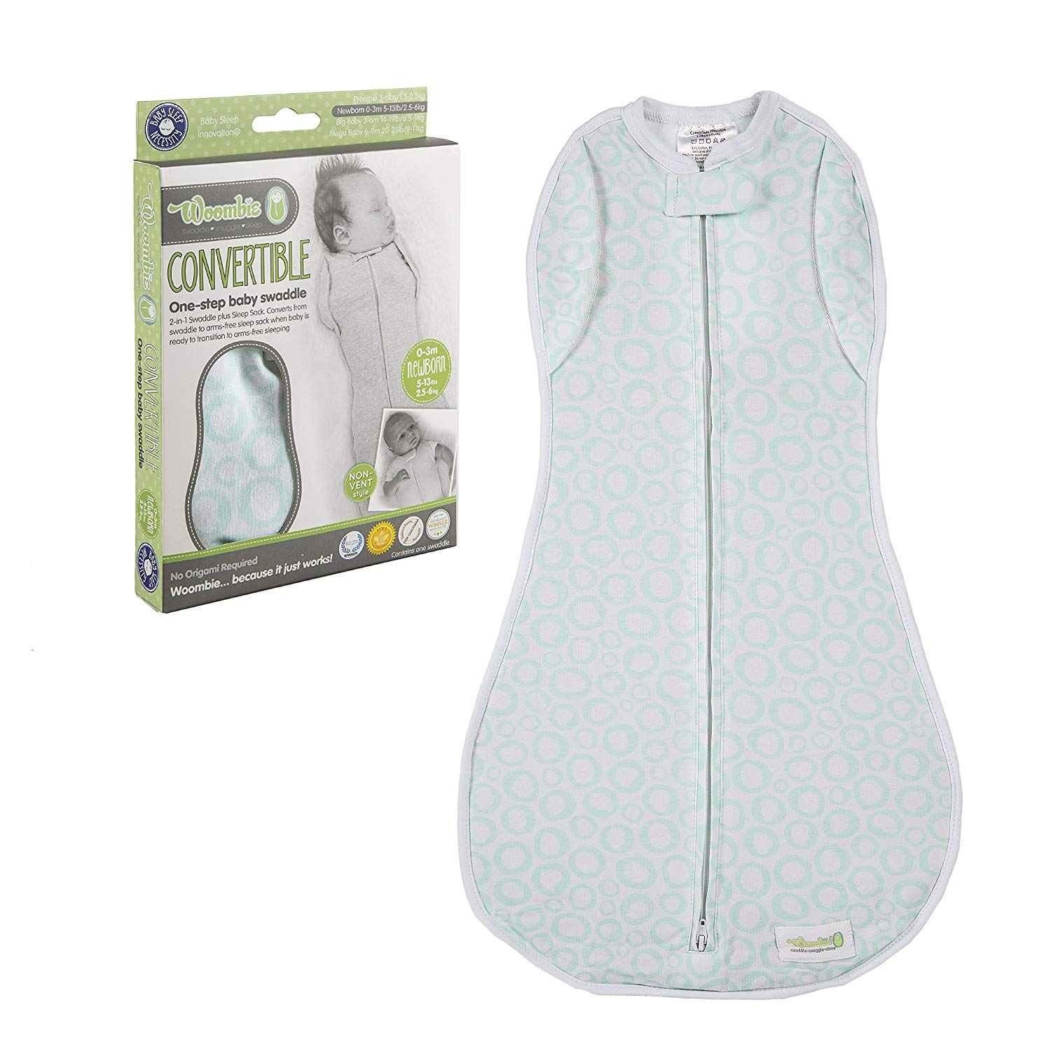 Woombie Mantas Convertibles para Envolver al bebé sin ventilación, Mint O's, 14-19 Libras