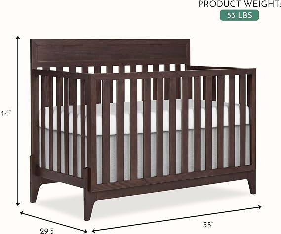 Evolur Atlas 5-in-1 Convertible Full-Size Baby Crib in Chestnut, GreenGuard Gold & BSA, Timeless Modern Minimalist, 3 Mattress Heights, Converts to Toddler, Day & Full-Size Bed