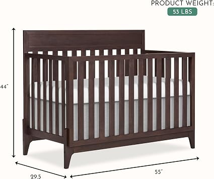 Evolur Atlas 5-in-1 Convertible Full-Size Baby Crib in Chestnut, GreenGuard Gold & BSA, Timeless Modern Minimalist, 3 Mattress Heights, Converts to Toddler, Day & Full-Size Bed
