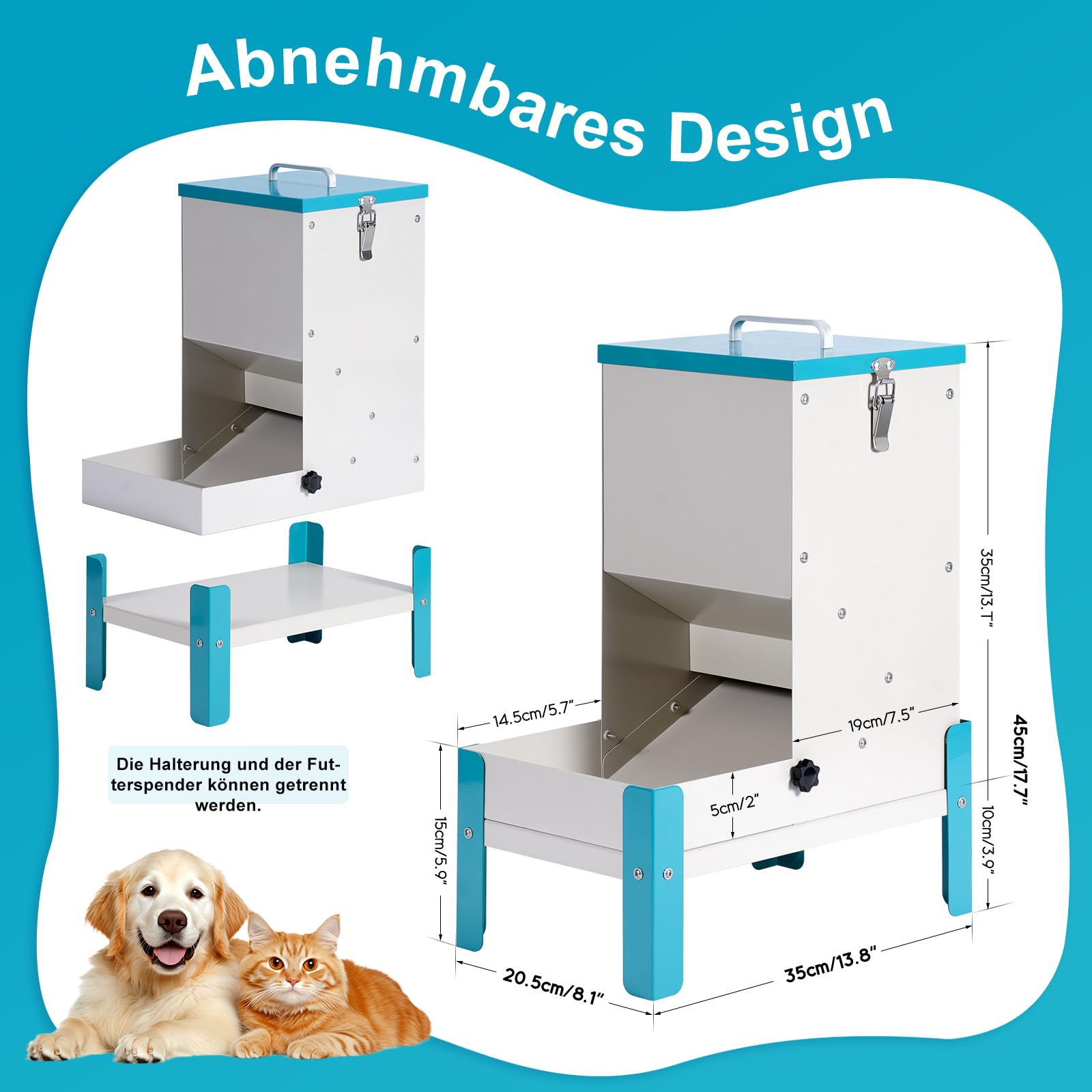 Automatischer Katzenfutterspender 10L Erhöhter Hundenapf Abnehmbarer Metall-Trockenfutterspender für Haustiere, robust und leicht zu reinigen