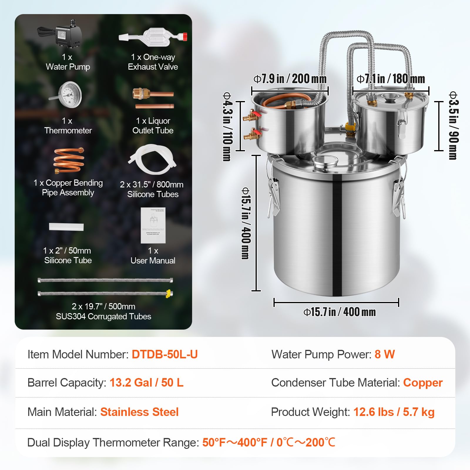 VEVOR Distillatore di Bevande Alcoliche Fusto Capienza ca. 50L Kit di Distillatore di Alcol per Raffreddamento, Set di Distillatore a Doppio Condensatore con Distillazione Secondaria Liquore Alcolico