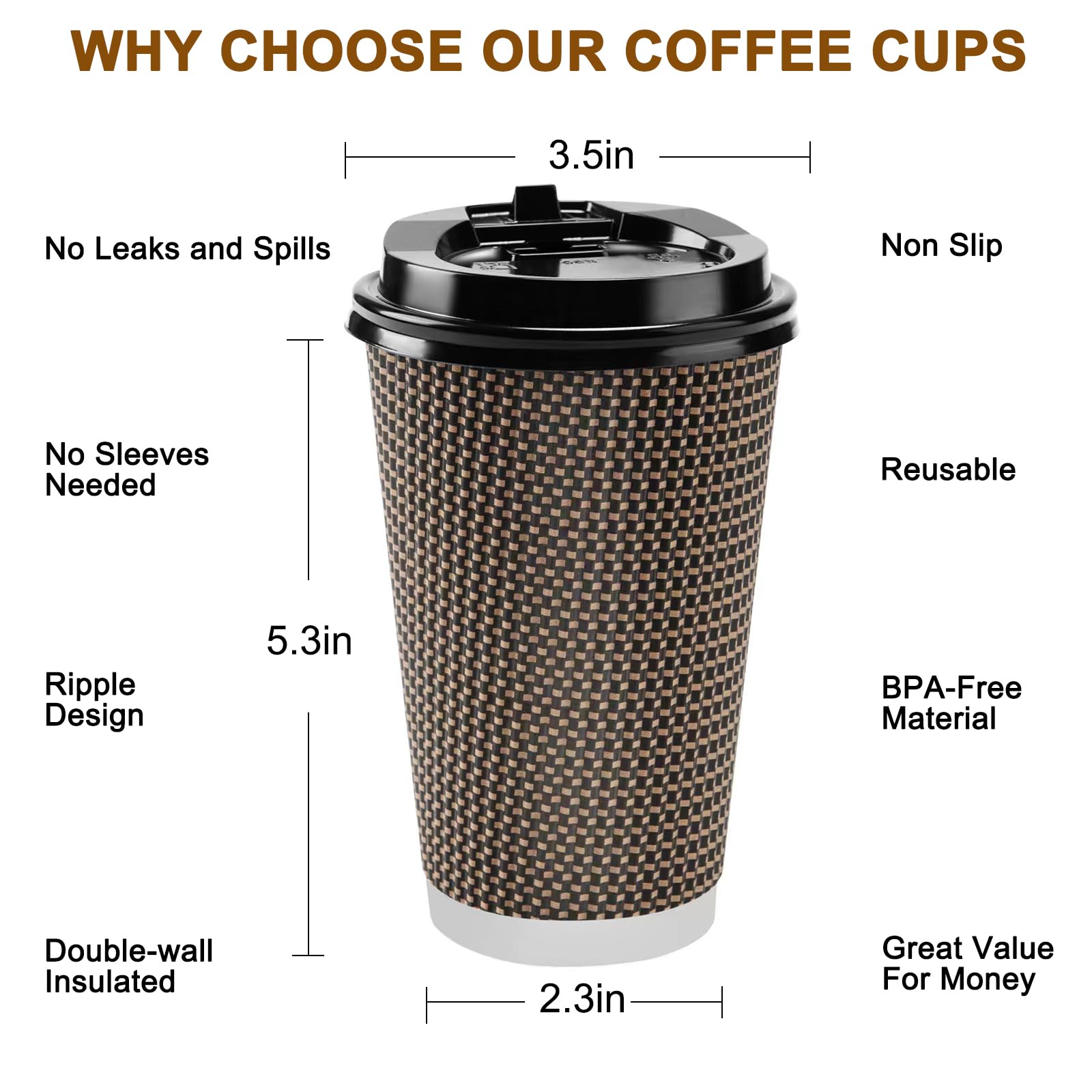 FIRSTLOVE 100 pack 16 oz Disposable Coffee Cups with Lids, Insulated Geometric Ripple Double-wall to go Coffee Cups, Pefect for Coffee Tea Hot Chocolate Drinks, Wedding, Cafe