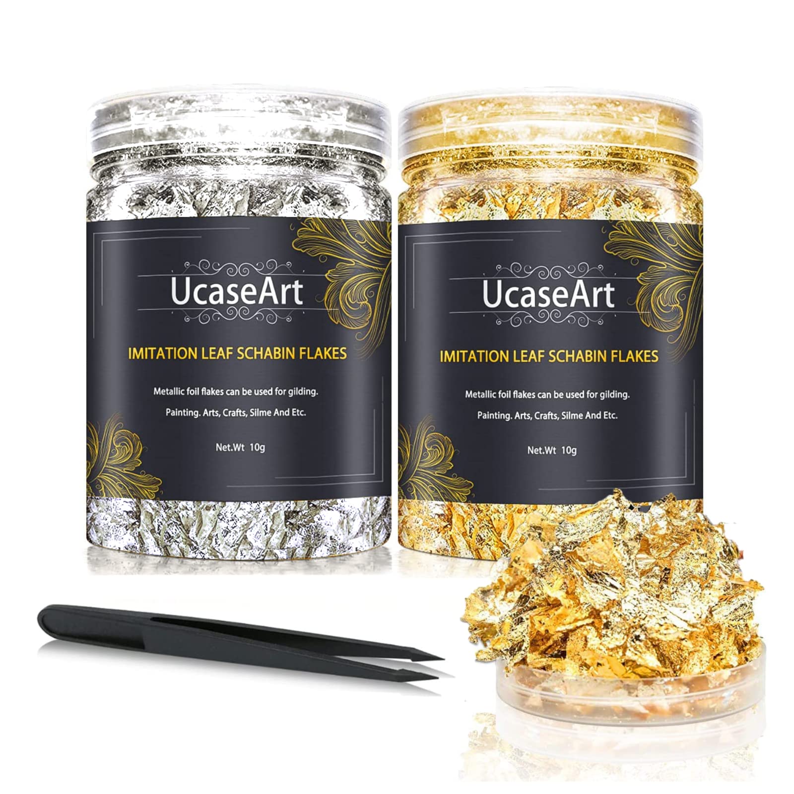 Gold Foil Flakes for Resin - UcaseArt Gold Flakes 2 Bottles Gold Leaf 20 Grams Gold Foil for Nail Art, DIY, Resin Jewelry Making, Painting Arts and Crafts, Furniture Decoration (Gold Silver)