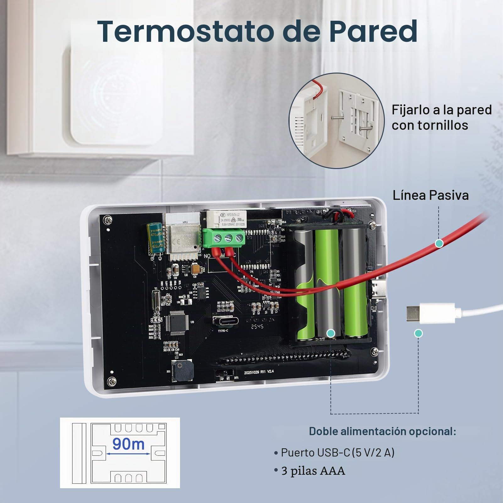 Termostato caldera, WiFi, termostato doméstico digital programable, alimentado por batería, caldera de 2 cables compatible con control de voz de Google y Alexa