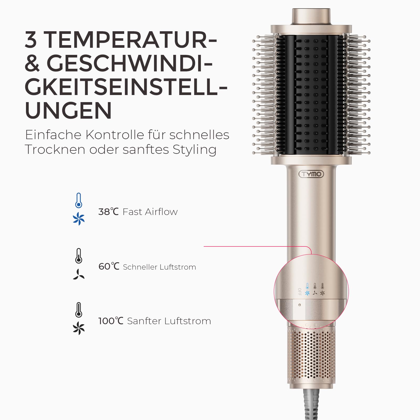 TYMO Warmluftbürste Föhnbürste, Leichte Heißluftbürste zum Trocknen & Stylen in einem, 5 in 1 Volumenbürste mit Turbo-Motor, Schnelles & Haarschonendes Föhnen, Glätten, Locken, Volumen Kreieren