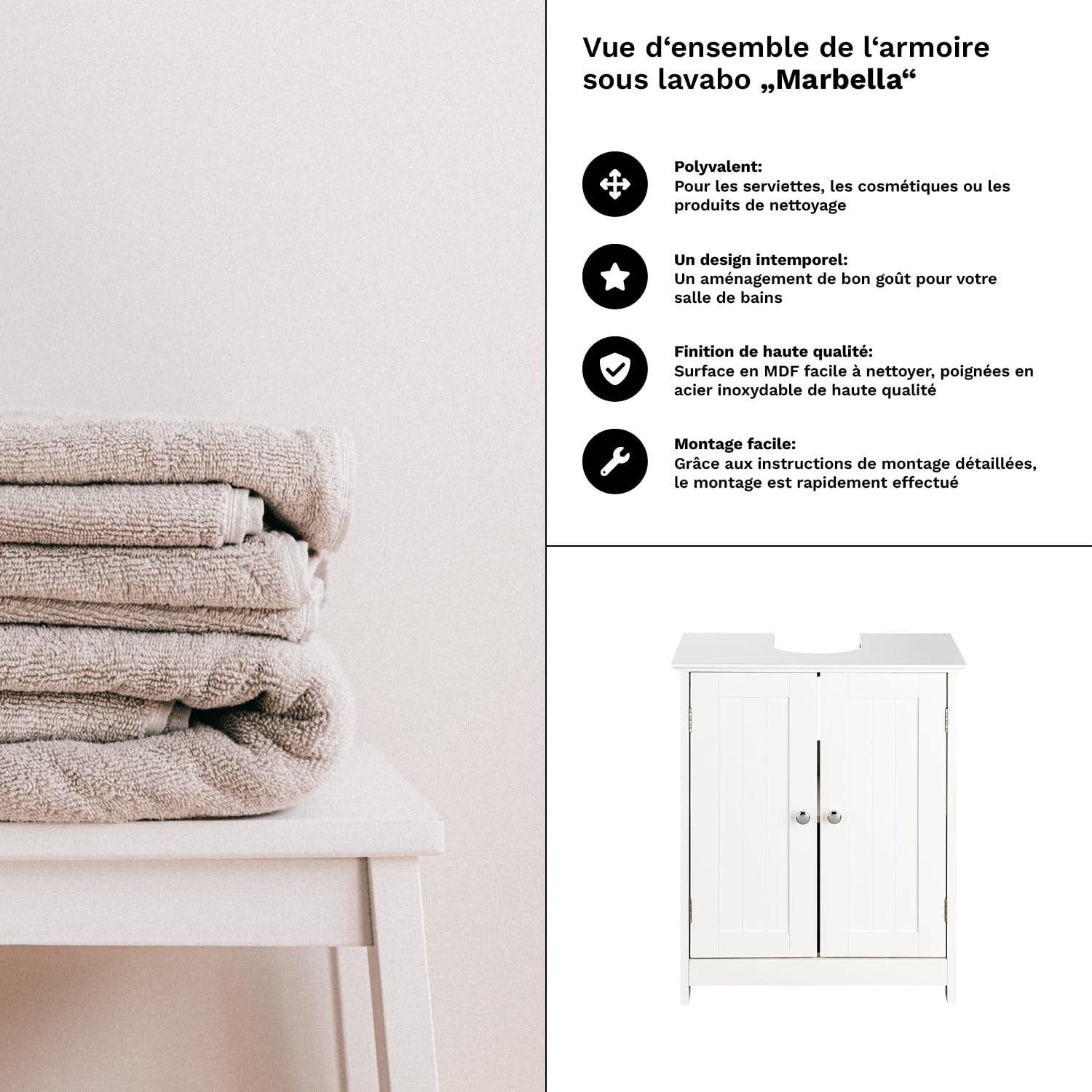 Shelfmade Meuble sous Lavabo Blanc Rustique pour Salle de Bain - Largeur 50 cm ou 60 cm (50 x 30 x 60 cm)