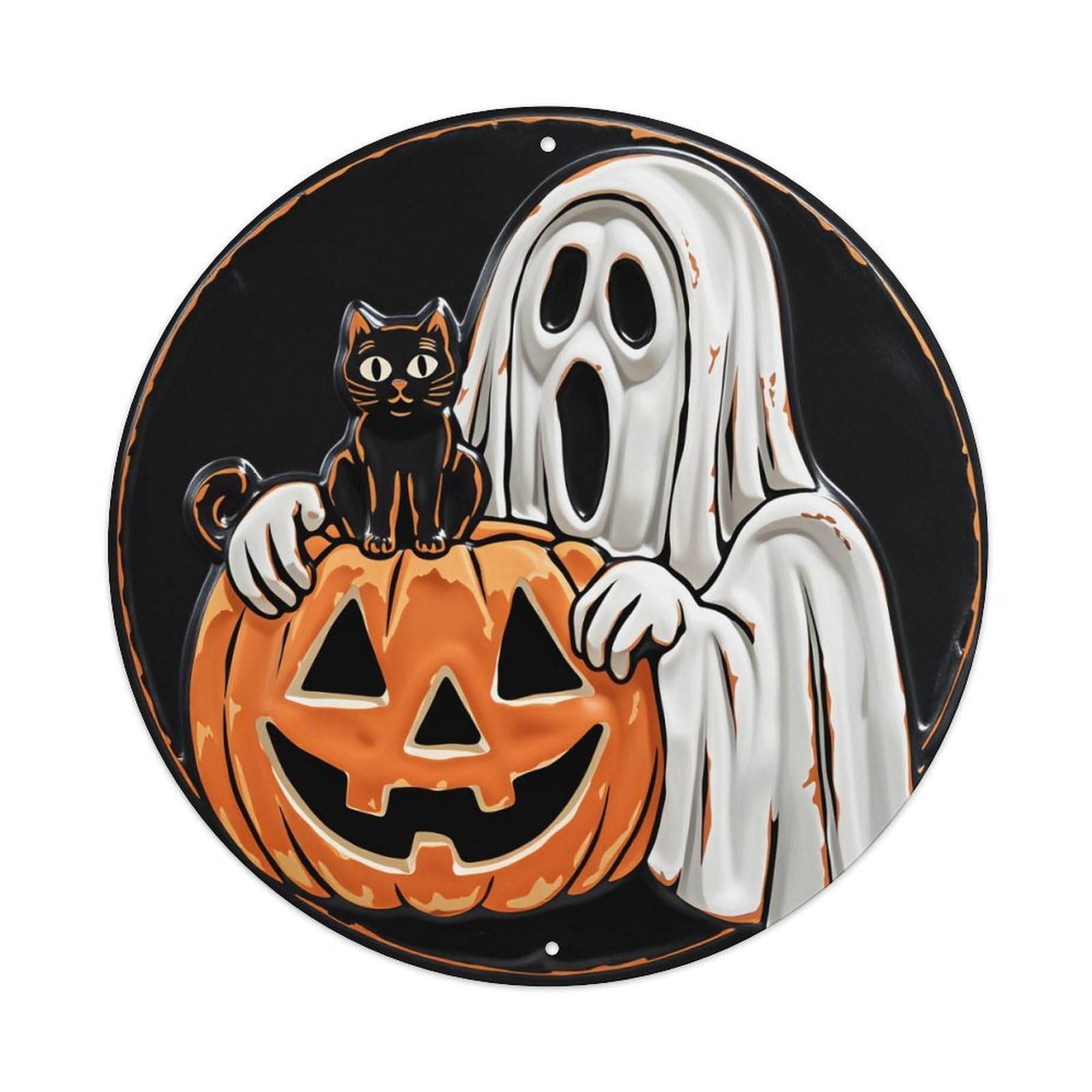 Ghost Cat Pumpkin Halloween Design Retro Metal Tin Sign, Vintage Metal Poster for Bar, Home, Man Cave, Kitchen, Laundry Room Art Decor 8x8 Inch