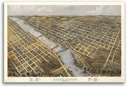 Magnet Grand Rapids Michigan 1868 - Imán de vinilo, diseño panorámico de mapa de ciudad histórico, para cerraduras, coches, carteles, neveras, 5.0 in