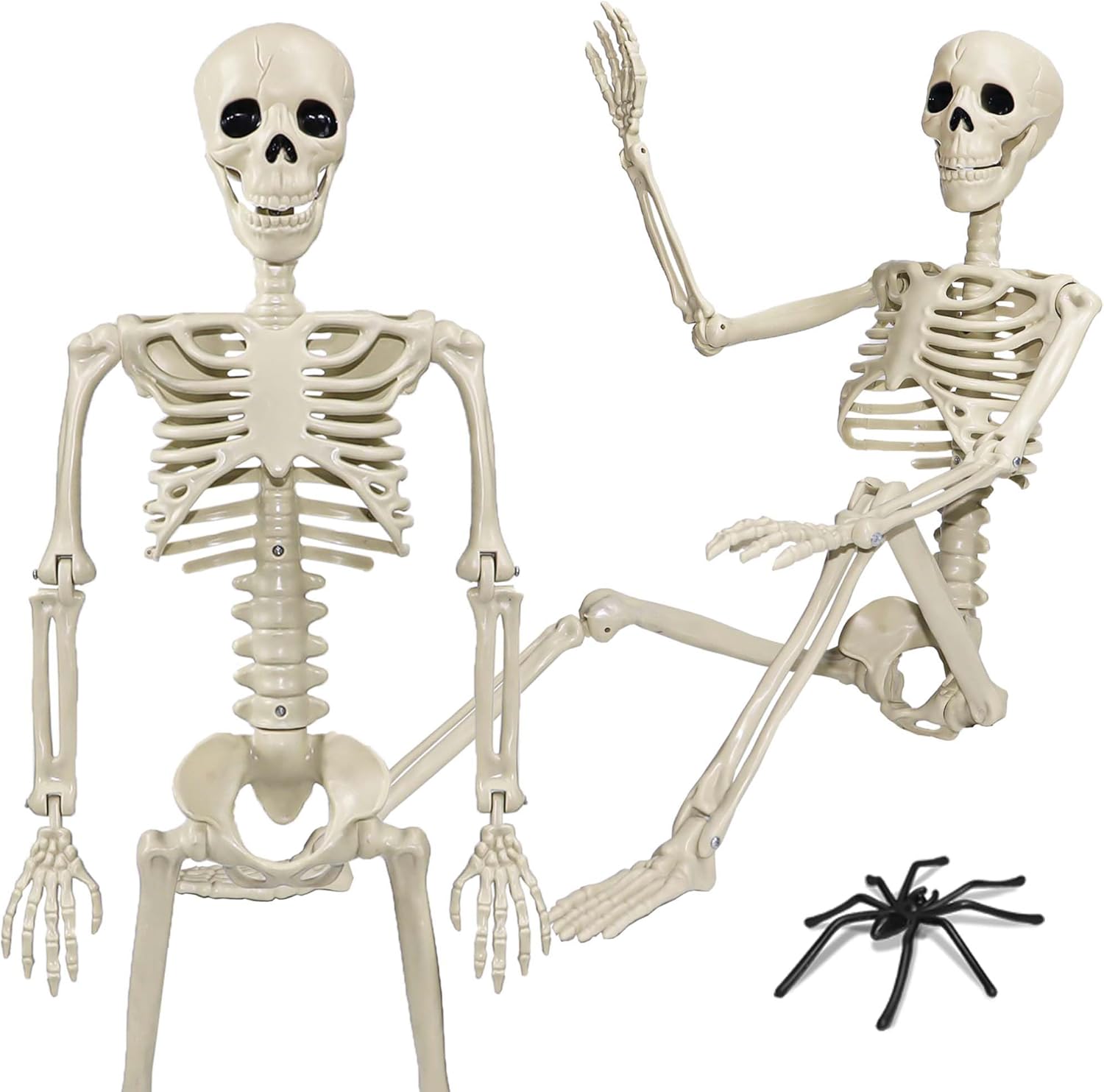 36" Skeleton Halloween Decorations, 3ft Life Size Human Skeleton with Full Body Movable Posable Joints Skeleton, Halloween Skeletons with 20 Spiders for Yard Haunted House Props Indoor Outdoor Decor