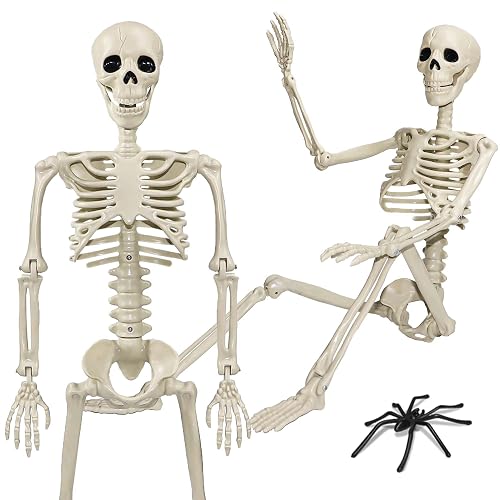 36" Skeleton Halloween Decorations, 3ft Life Size Human Skeleton with Full Body Movable Posable Joints Skeleton, Halloween Skeletons with 20 Spiders for Yard Haunted House Props Indoor Outdoor Decor - 1 PCS