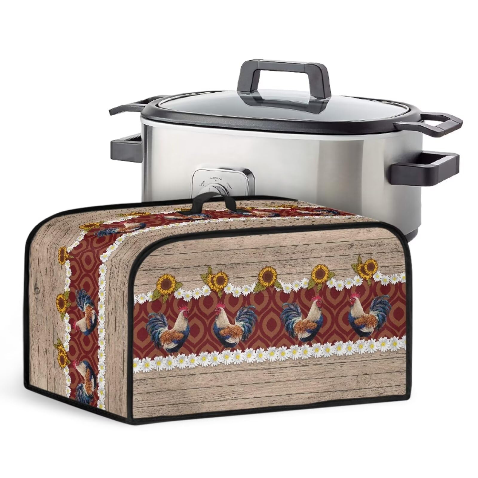 KUIFORTI Sunflower Wooden Slow Cooker Cover Chicken Design Crock Pot Cover Dust Cover Fits for Most 6-8 Quart Oval Slow Cooker Keep Small Appliance Clean