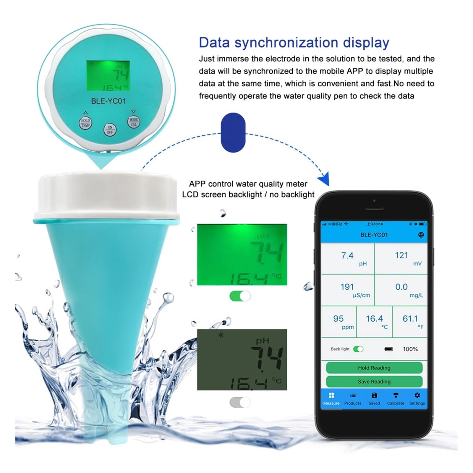 Para agua potable, acuarios y más Detector de calidad del agua 6 en 1 compatible con Bluetooth, pH, EC, TDS, ORP, temperatura, cloro, CL, aplicación, pantalla, comprobador de calidad del agua de pisci
