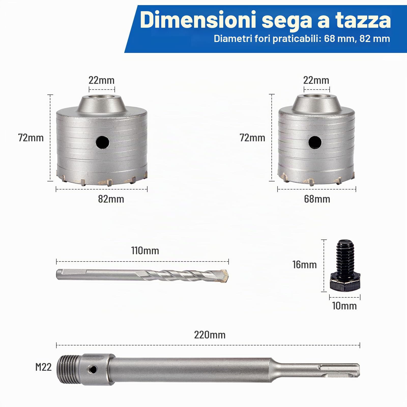 Carotatrice a Tazza per Muro 68mm, Fresa a Tazza per Muro 82mm, Punte SDS Plus per Calcestruzzo con Testa Abrasiva YG8, con Manico Rotondo da 220mm, per Cemento, Mattoni, Pietra