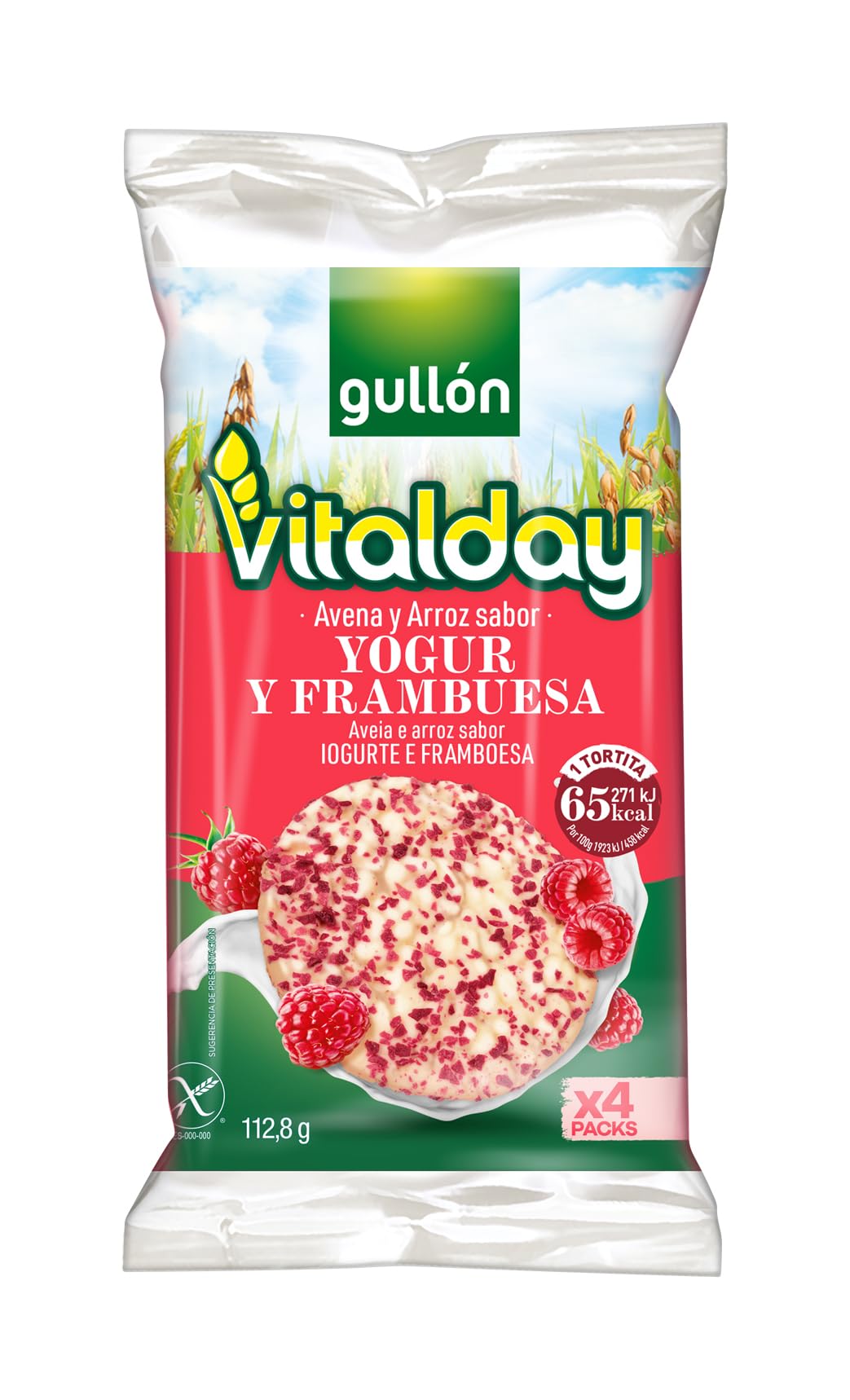 Gullón Tortitas de Arroz Integral, Yogur y Frambuesa Vitalday Pack de 4, 112.8g
