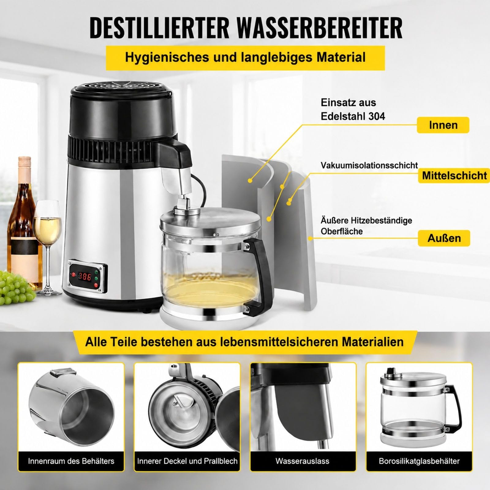 Wasserdestilliergerät 4 L 750 W aus Edelstahl mit Glasflasche für Zuhause und Büro