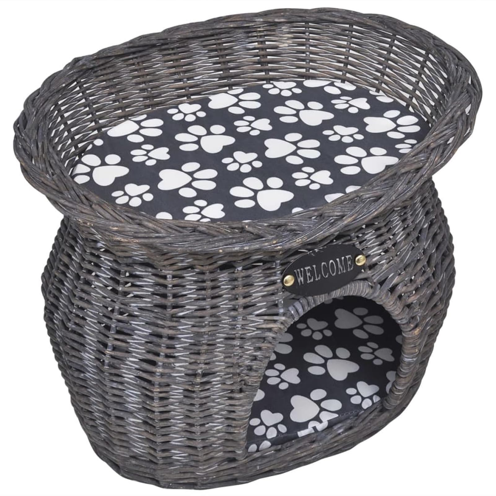 Homgoday Cuccia per Gatti in Vimini, Design Classico, Cuscino Morbido, Leggera e Trasportabile, Grigio, 44 x 33 x 34 cm
