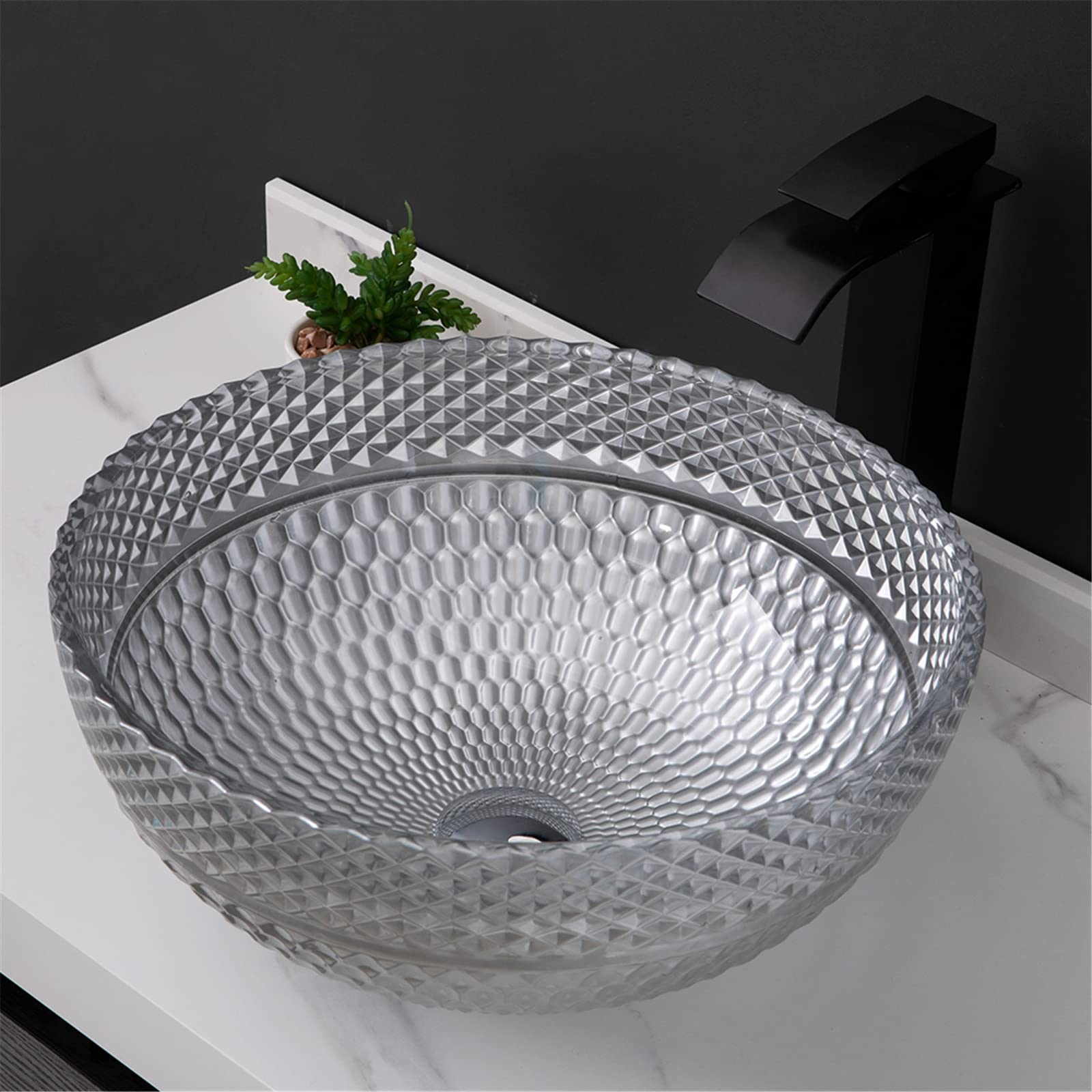 Lavandino da appoggio e Rubinetto per Il Bagno, lavabo da appoggio Rotondo in Vetro Artistico, Rubinetto Nero con Set di Scarico e Accessori, Grigio