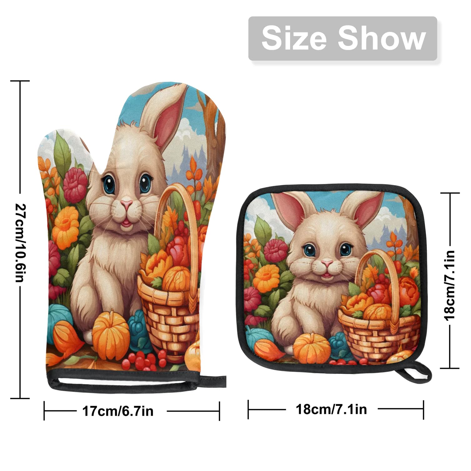 Garden Rabbit Basket Oven Mitts Kitchen Oven Gloves for Cooking Baking Heat Proof Lining Cotton Kitchen Potholder Mittens Pot Holders Hot Pads for Chef Women Men