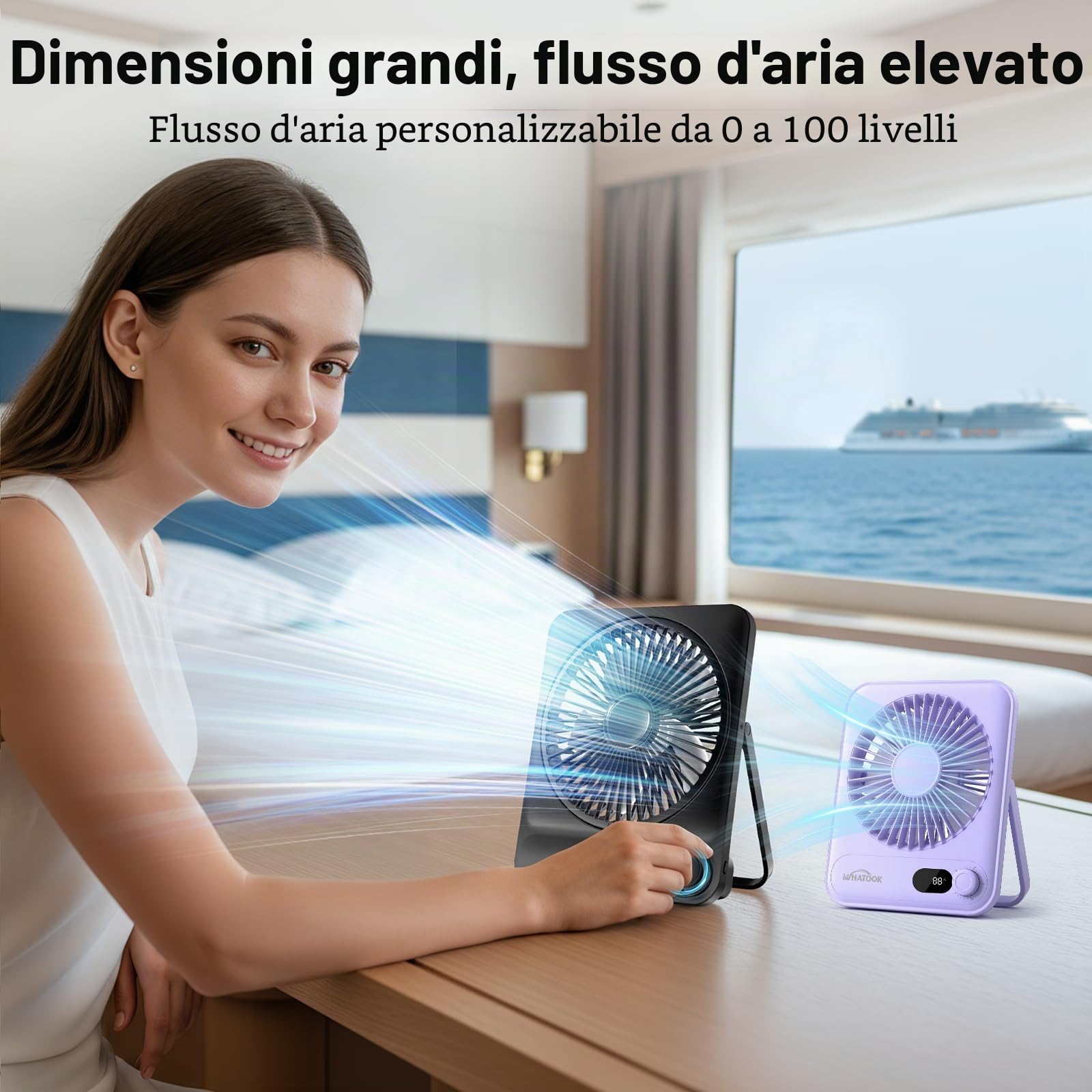 WHATOOK Ventilatore da Tavolo Portatile Ricaricabile 10000mAh, Autonomia 40h, USB C Silenzioso 30dB, 100 Velocità, Display Auto-Off, Griglia Lavabile, Gancio per Campeggio Ufficio Camera