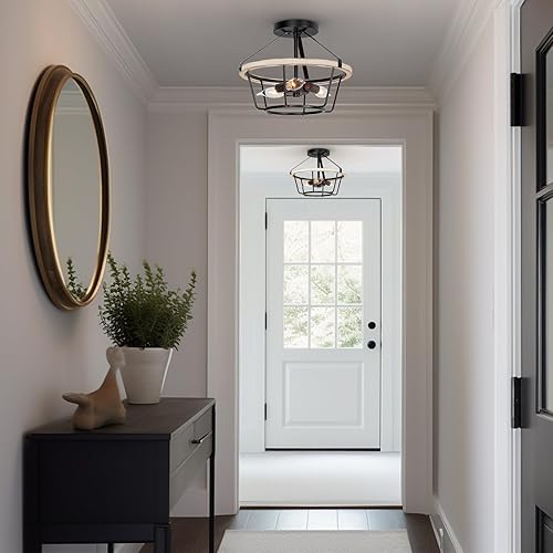 Miniatura 2 de Kira Home Palmer - Lámpara de techo semiempotrada rústica de 12.5 pulgadas, 3 luces, estilo rústico de madera de fresno blanco + acabado negro